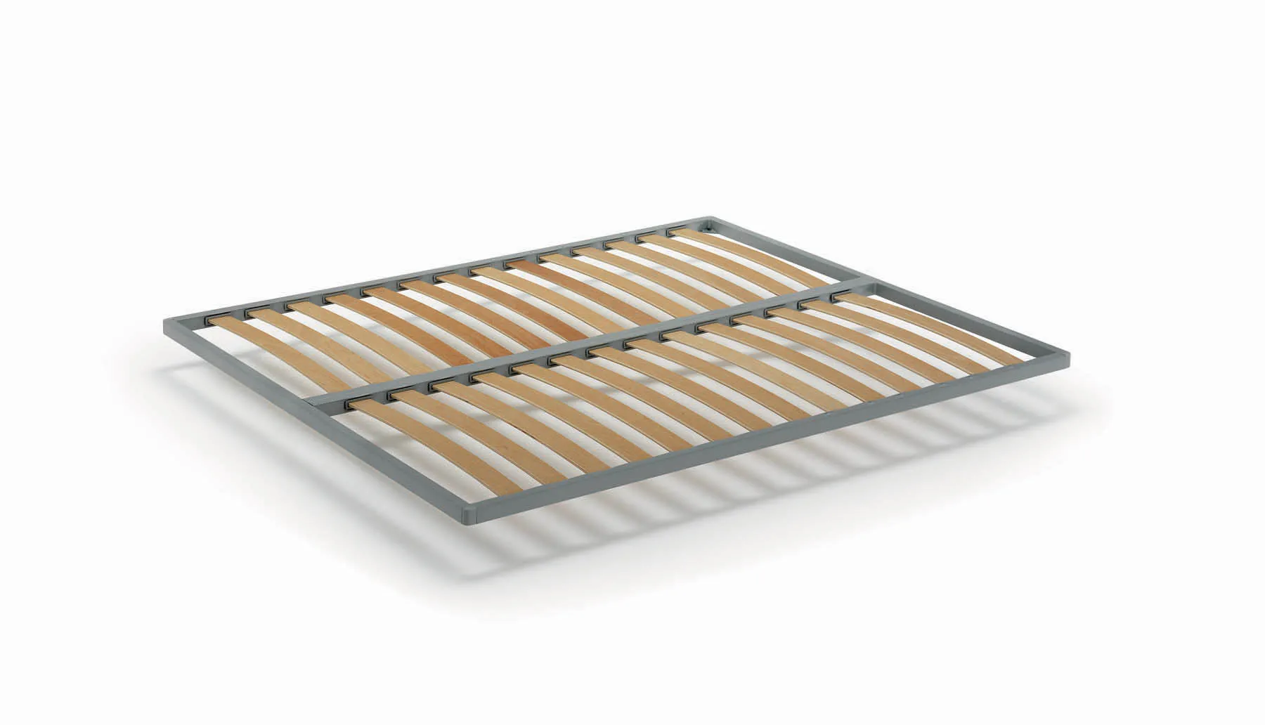 Rete per letto Bed Samoa con telaio grigio e doghe curvate in faggio, su fondo bianco