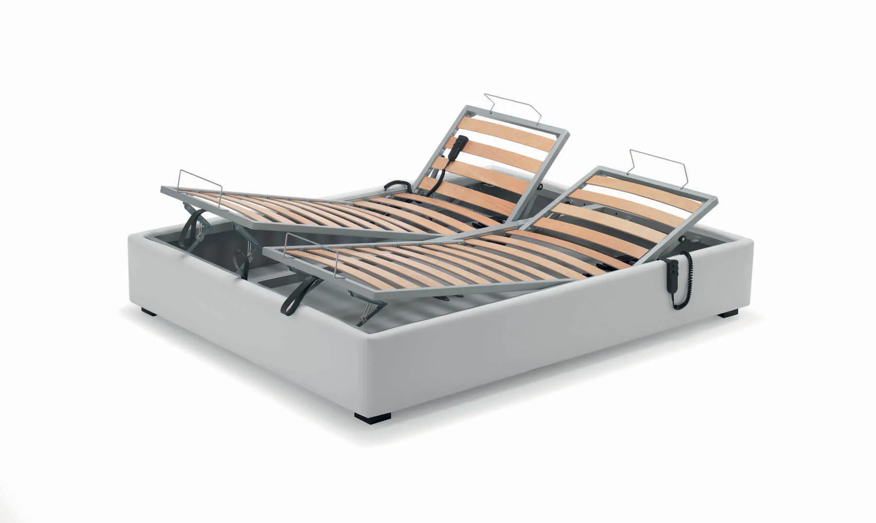 Rete Bed Samoa divisibile sollevata dal sommier bianco, con il vano sotto in vista