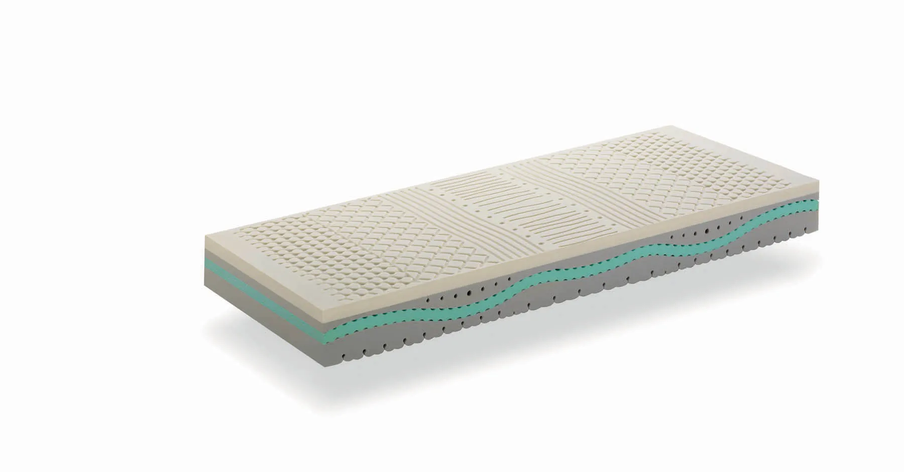 Interno del materasso Ergoair Samoa con strati di Acqua Foam sagomati e Memory Foam, su fondo bianco