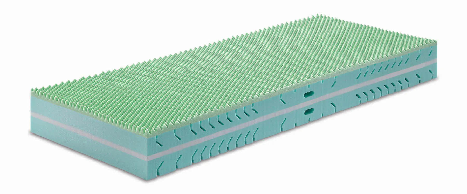 Strati del materasso Stretch Samoa con superficie bugnata verde e schiuma azzurra, su fondo bianco