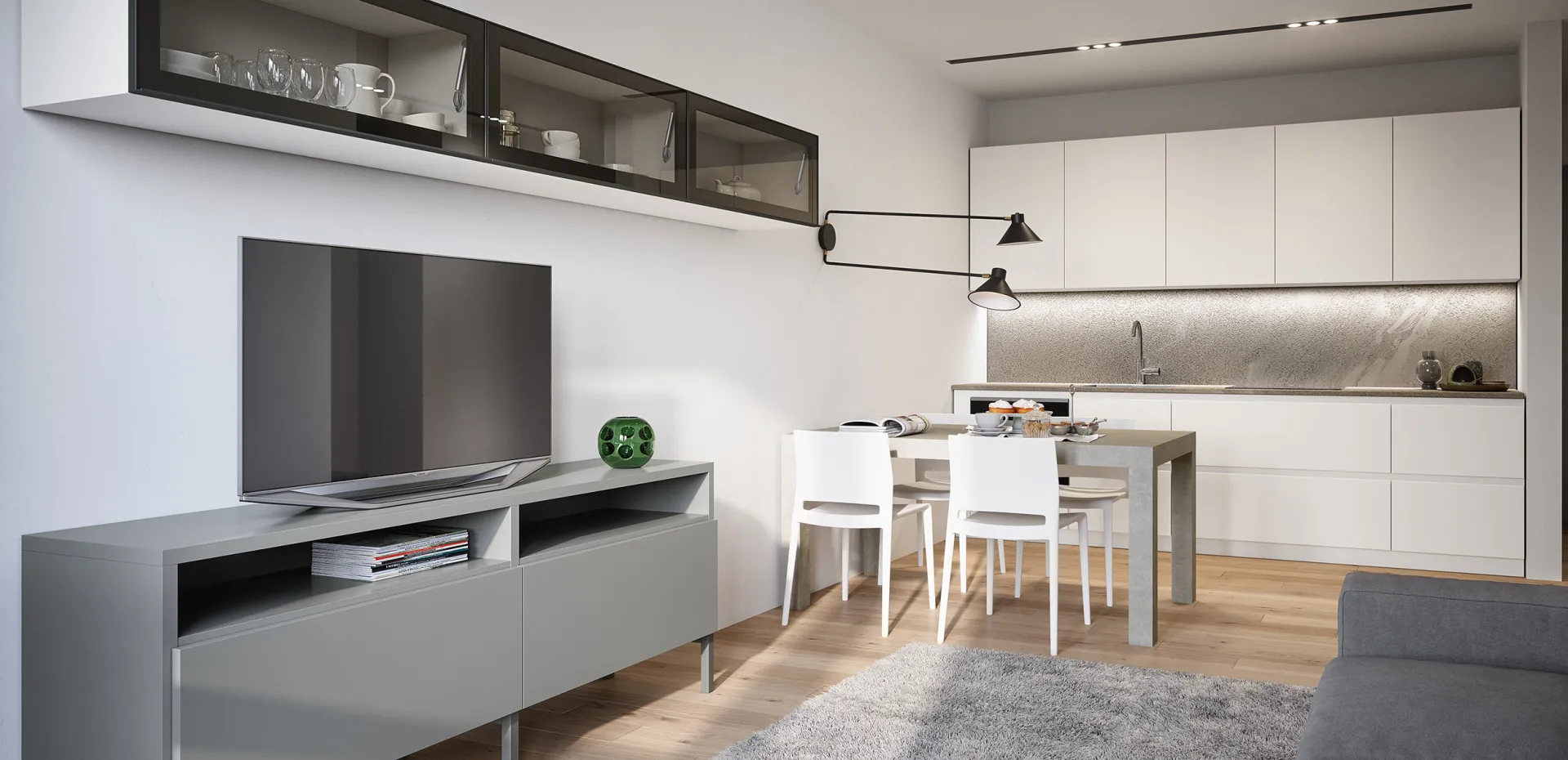 Tavolo Monaco Cinquanta3 con sedie bianche nella zona pranzo accanto alla cucina