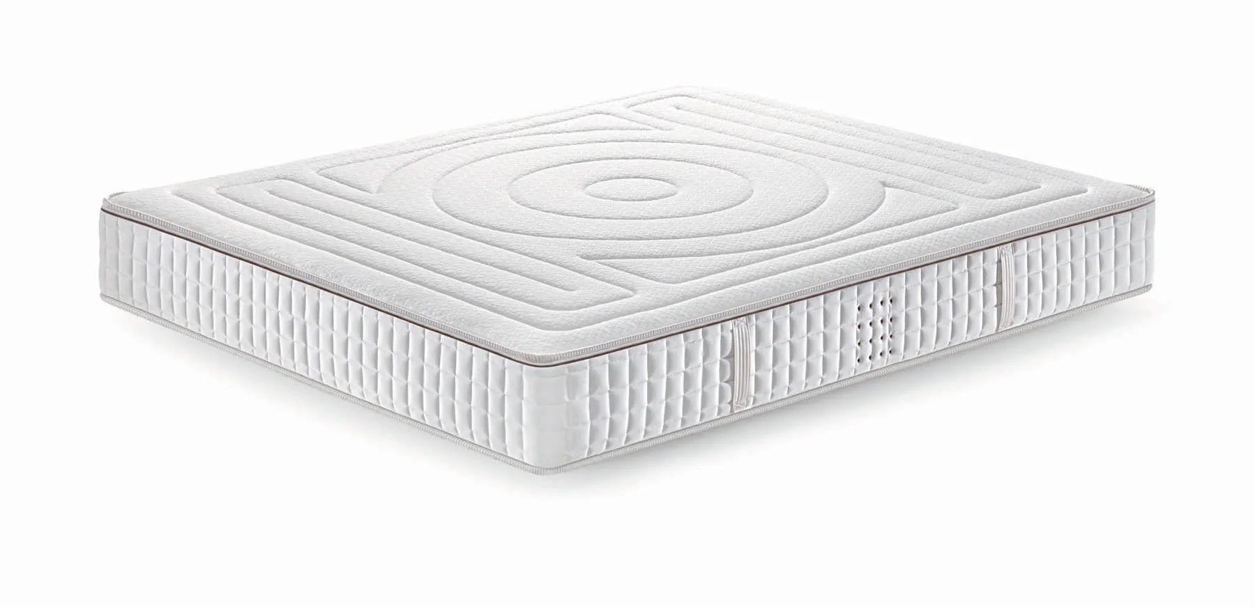Materasso Luxory Samoa con trapuntatura a cerchi concentrici e fascia con occhielli, su fondo bianco