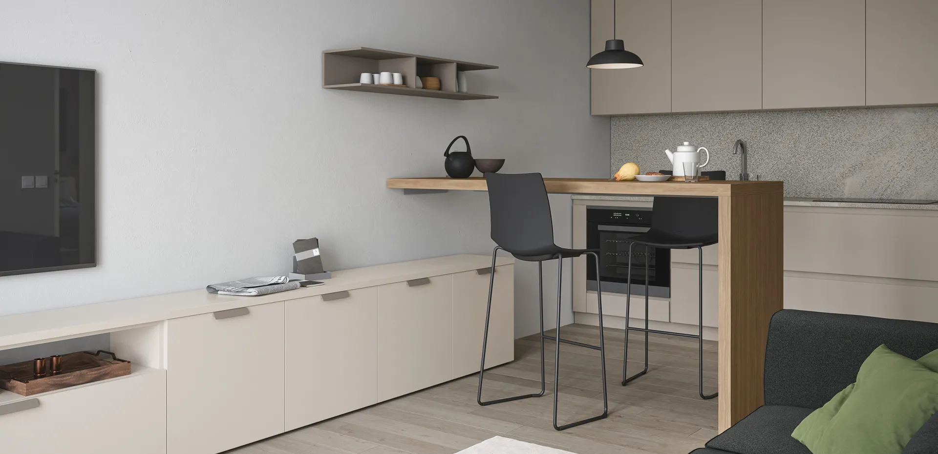 Sgabelli Sneek Cinquanta3 neri al bancone in legno di una cucina