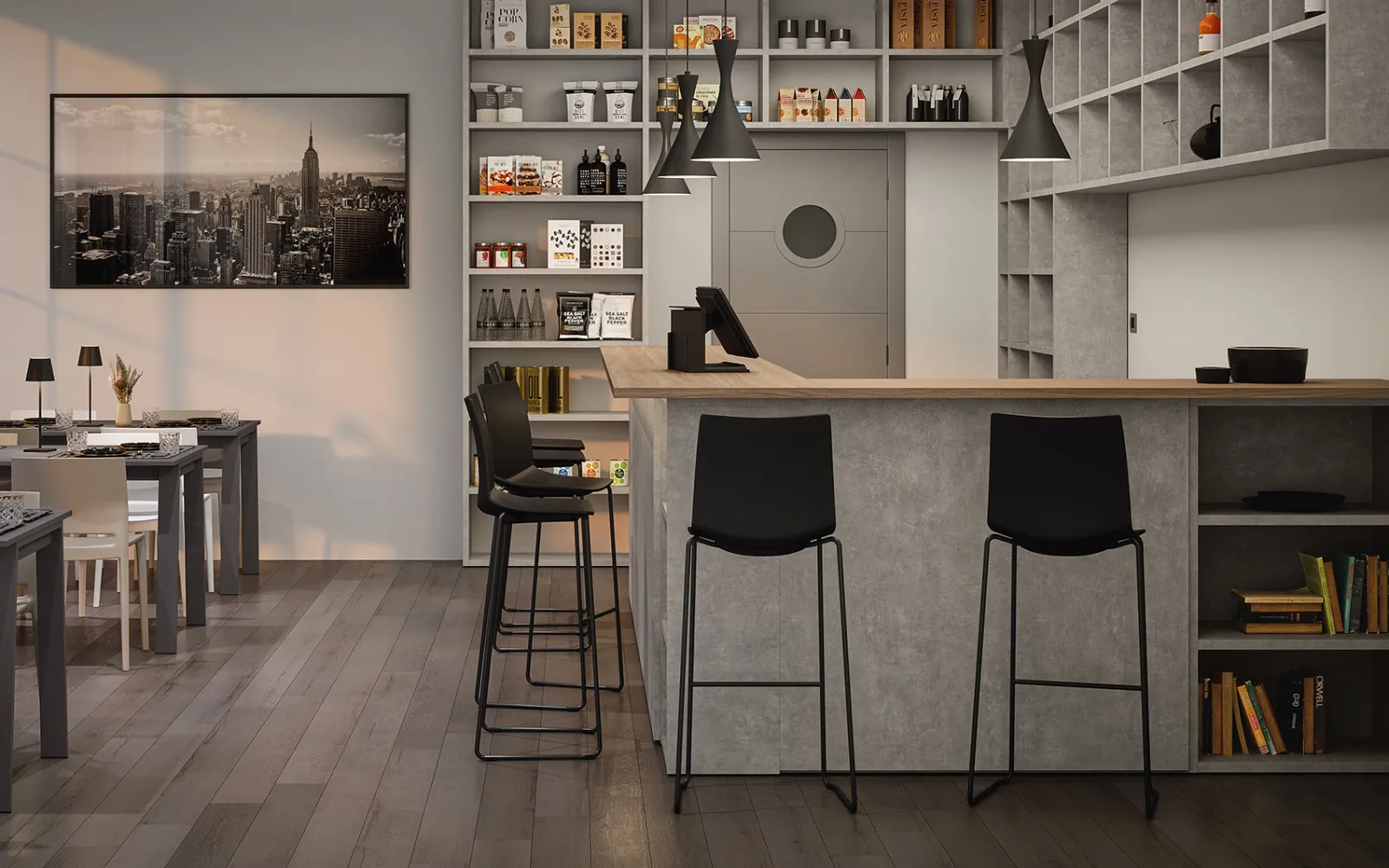 Sgabelli Sneek Cinquanta3 al bancone di uno spazio comune con libreria