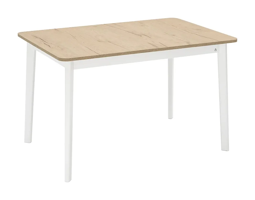 Tavolo Dine Connubia con gambe bianche e piano effetto rovere naturale, fotografato su fondo bianco