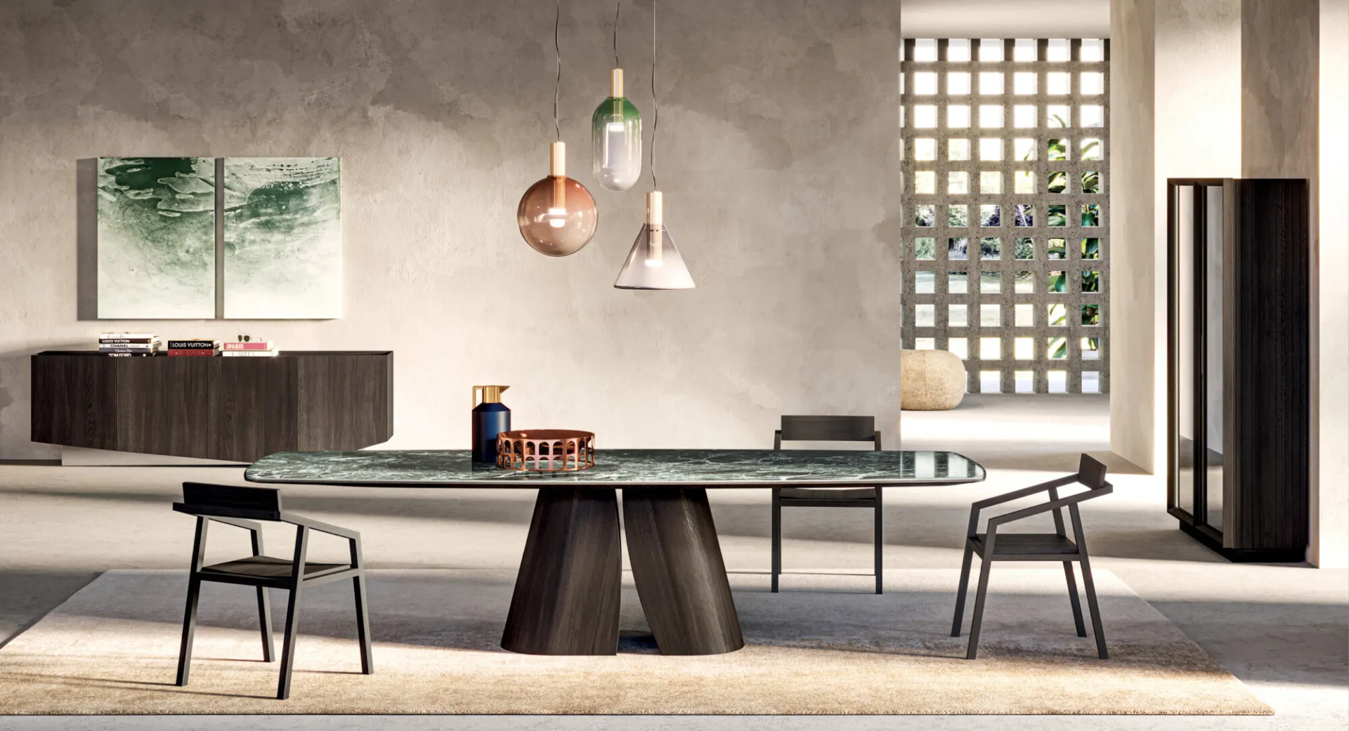 Tavolo Manhattan Barrel Ceramics Devina Nais in marmo verde su base Pod