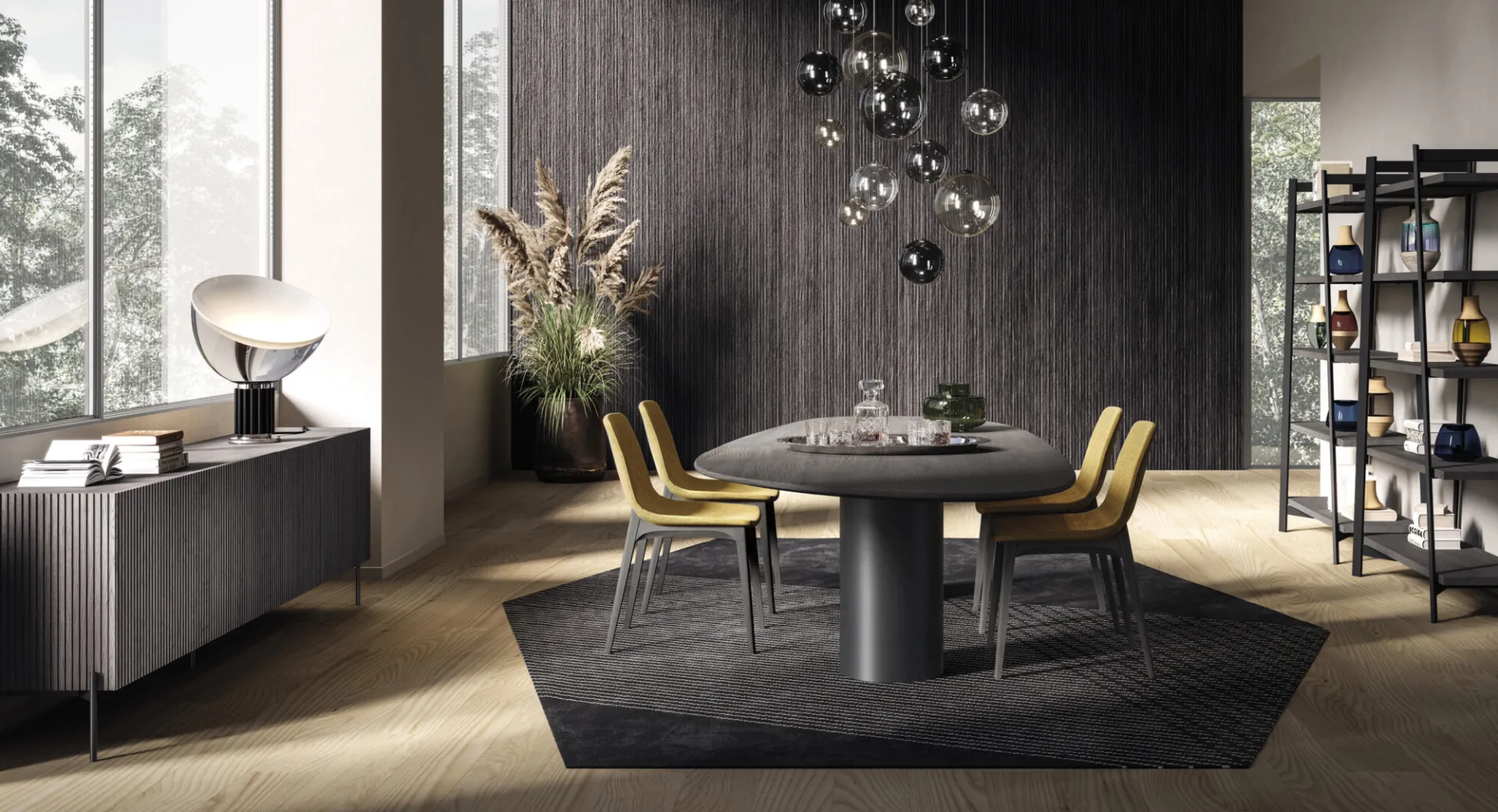 Tavolo Stone Devina Nais in rovere scuro con sedie gialle