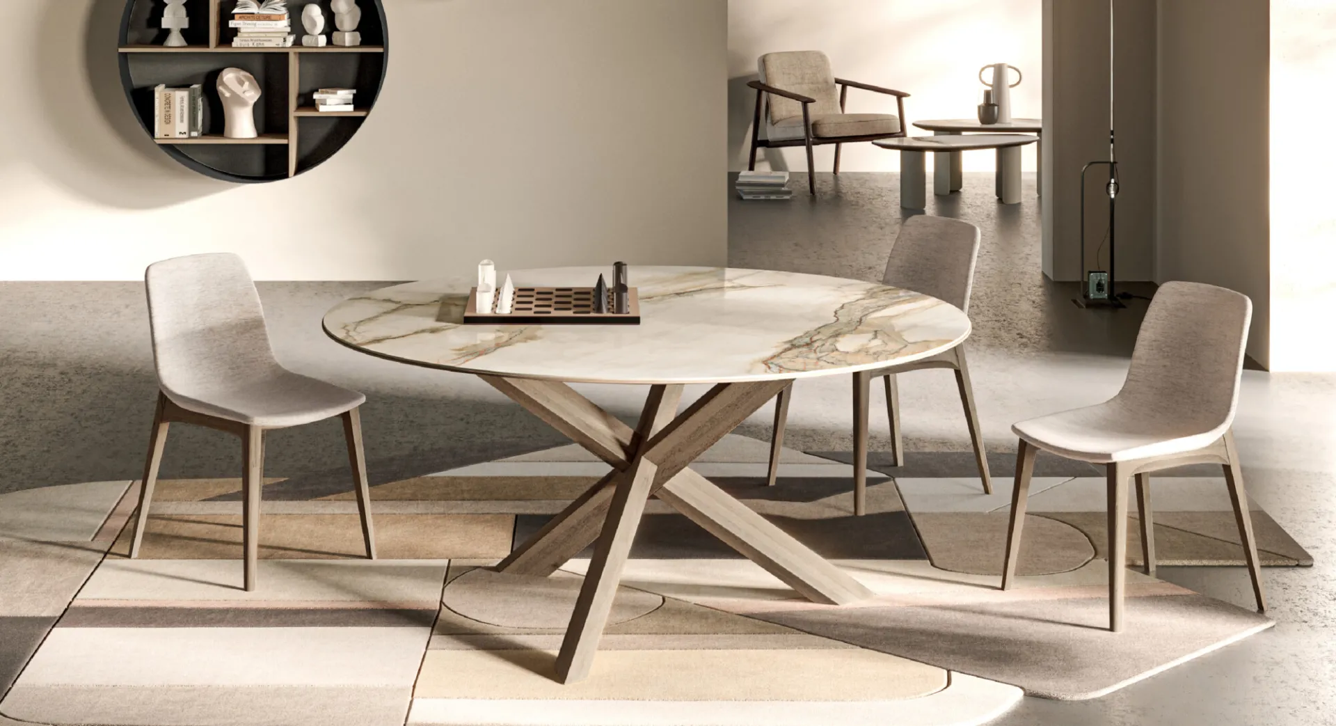 Tavolo rotondo Manhattan Ring Ceramics Devina Nais con gambe Cross e sedie chiare