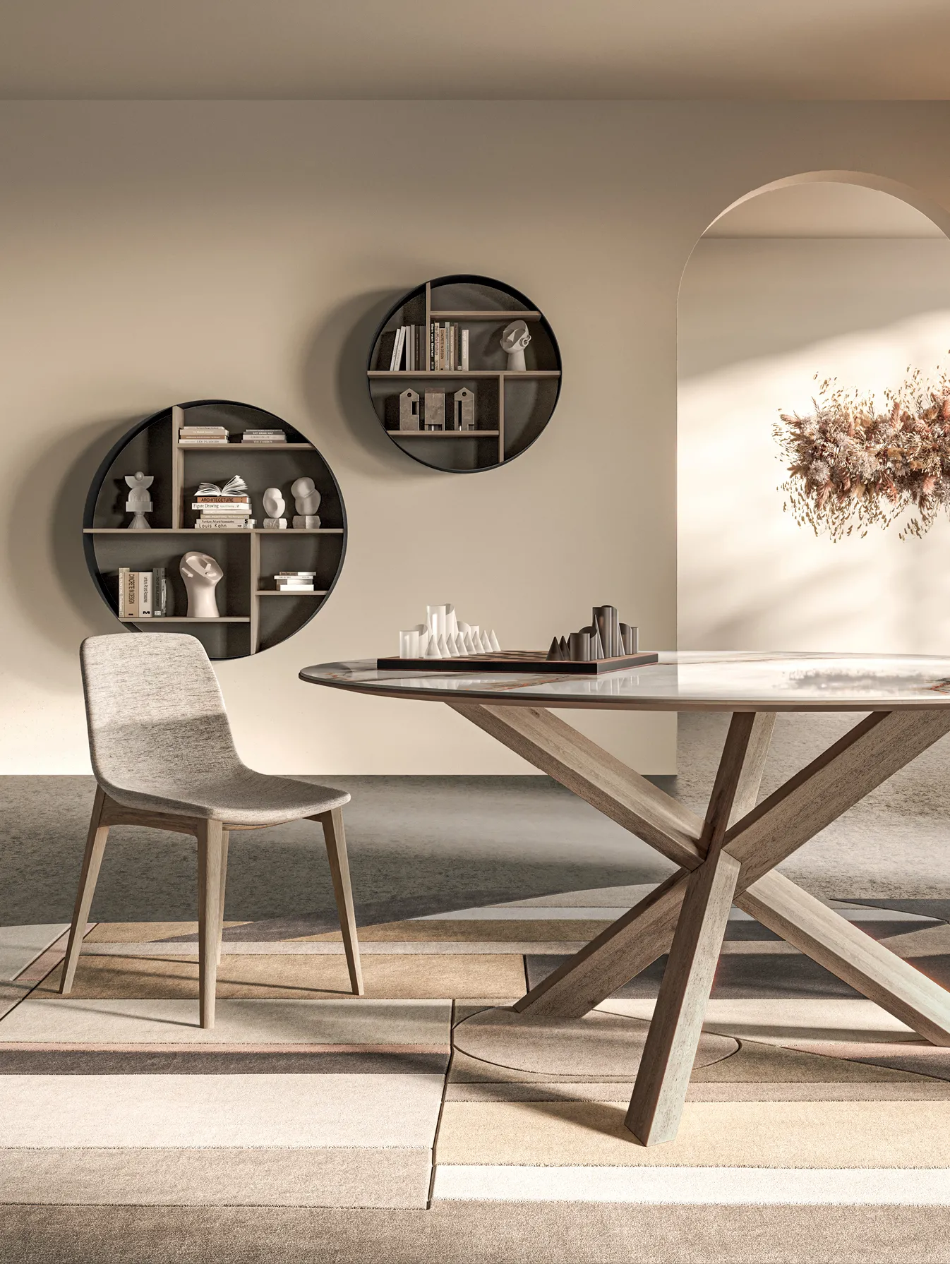 Tavolo Manhattan Ring Ceramics Devina Nais davanti a una libreria rotonda