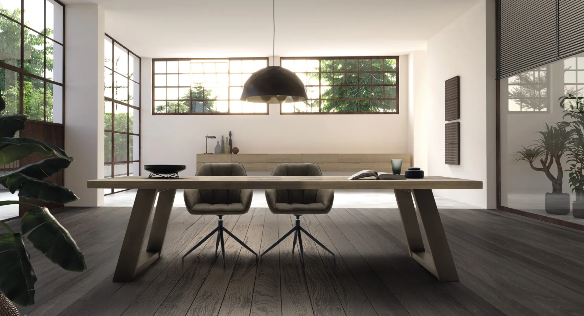 Tavolo Wood Devina Nais tutto in legno con sedie in una sala con vetrate