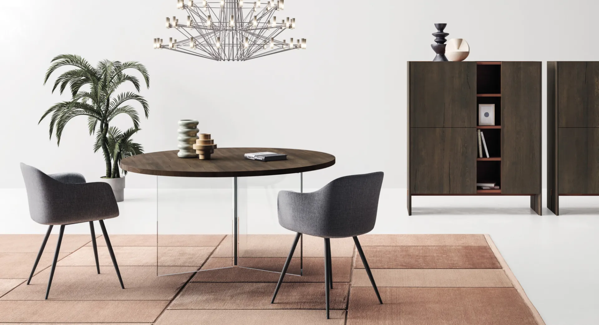 Tavolo rotondo Smart Ring Devina Nais su gambe in vetro con due poltroncine grigie