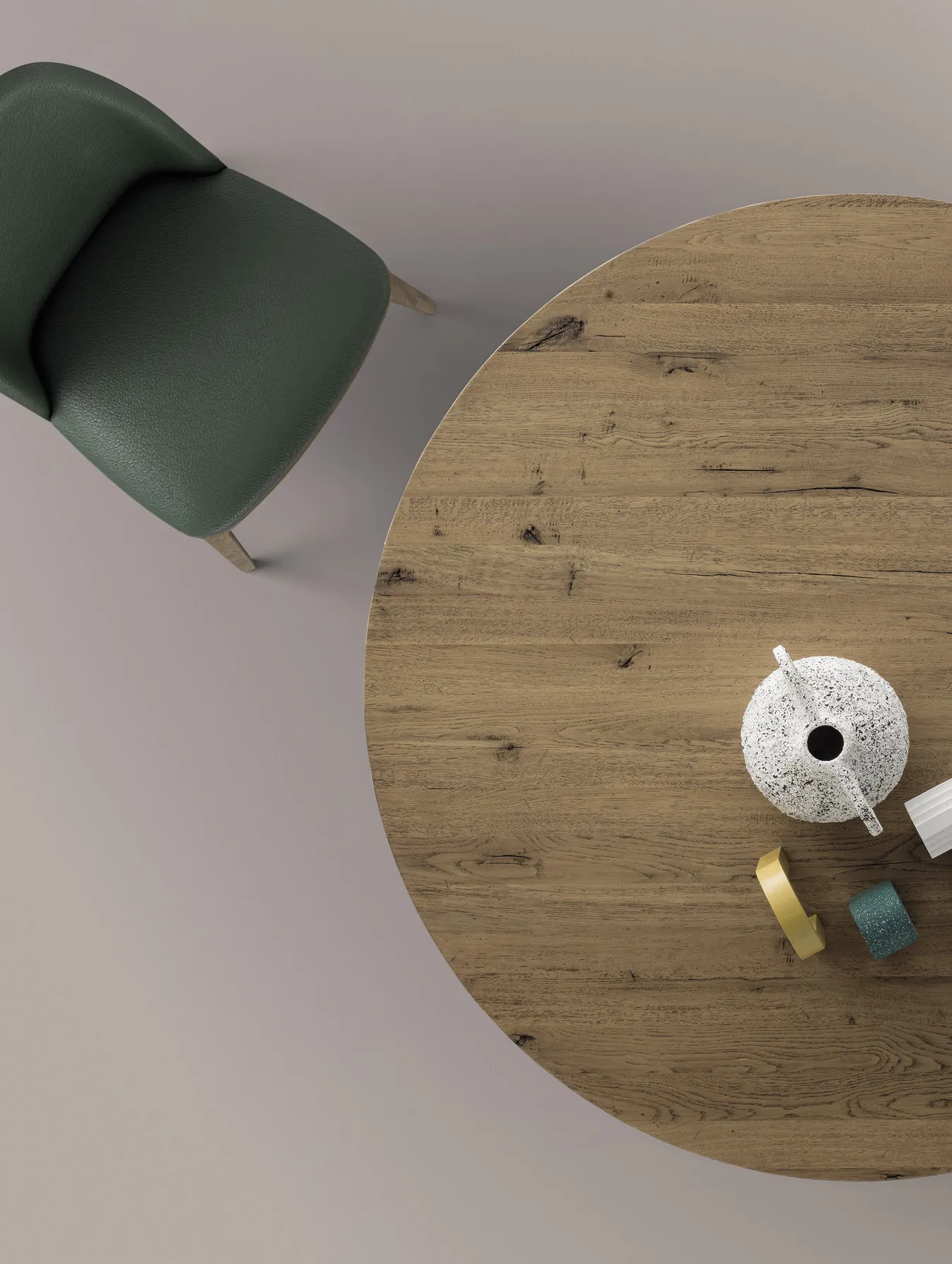 Piano rotondo in rovere materico del tavolo Smart Ring Devina Nais dall'alto
