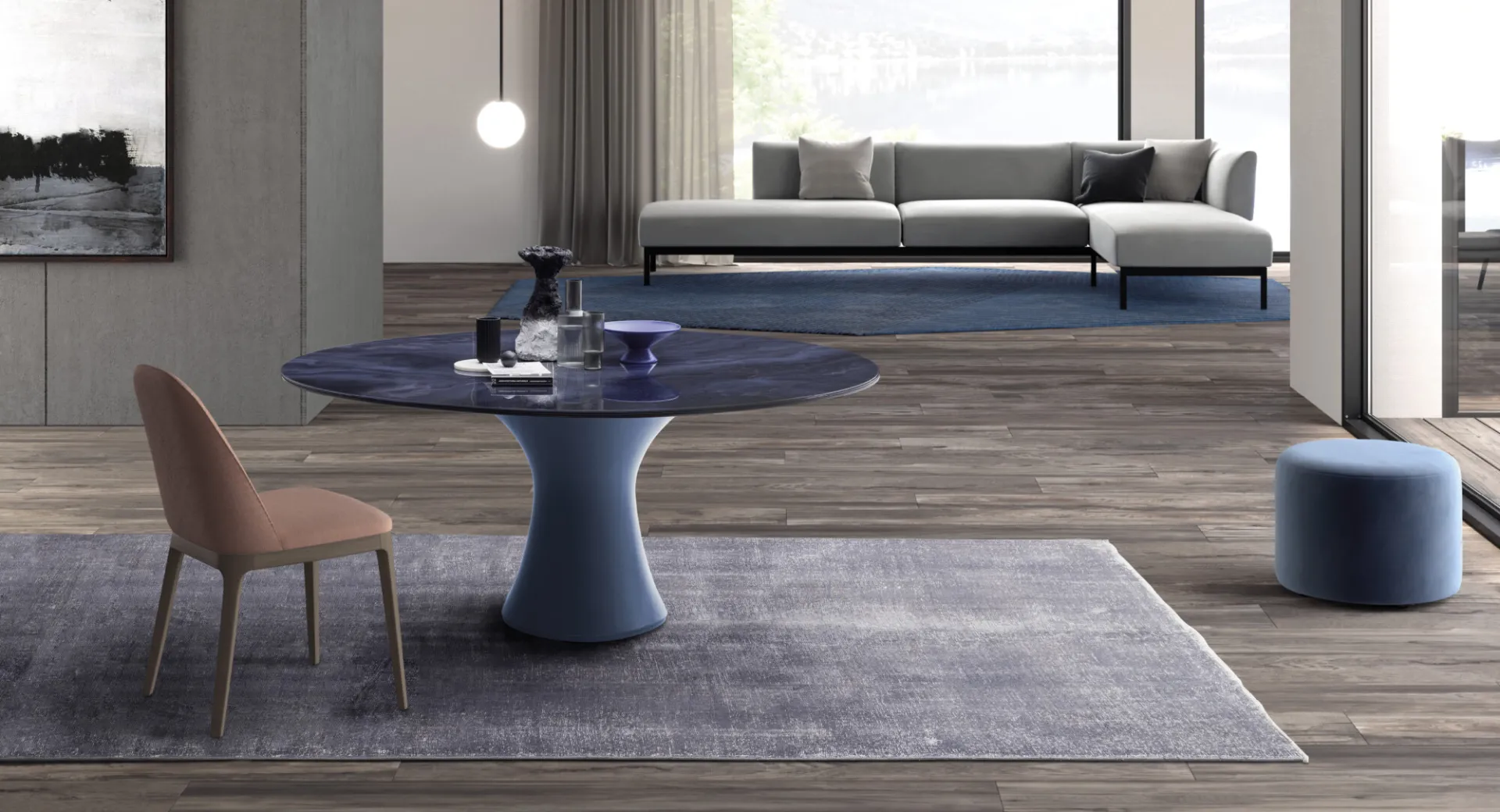 Tavolo rotondo Manhattan Ring My Glass Devina Nais blu notte in un soggiorno con divano