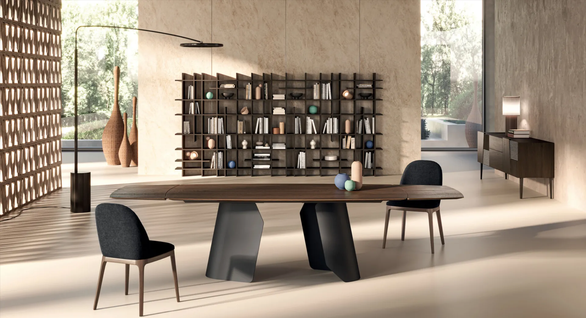 Tavolo Manhattan Barrel X Devina Nais su base Ego davanti a una libreria