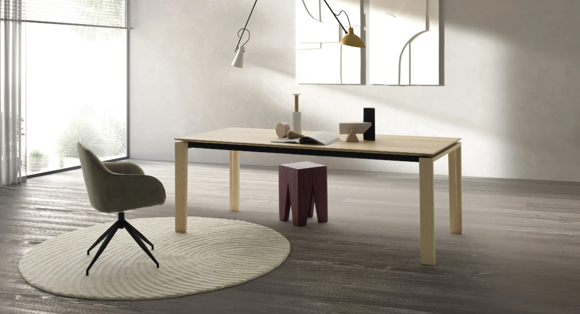 Tavolo Vogue Devina Nais con poltroncina girevole su un tappeto tondo