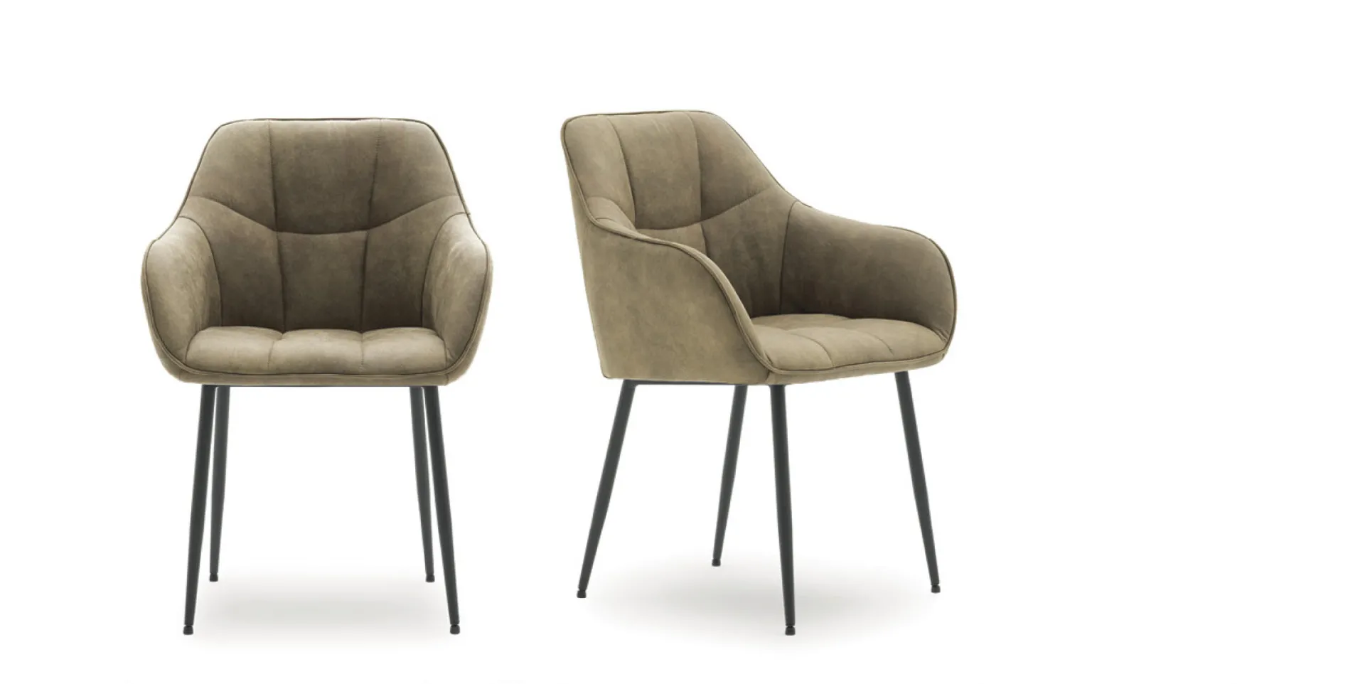 Poltroncine James Devina Nais in effetto pelle verde oliva su gambe nere, su fondo bianco
