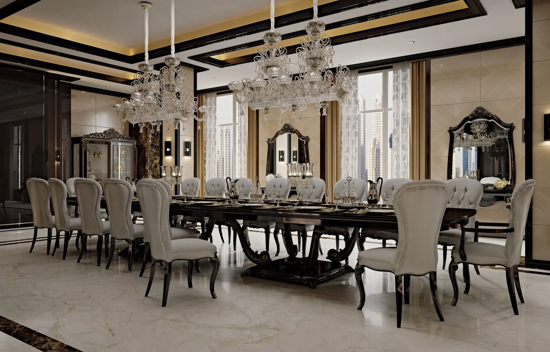 Sala da pranzo Opera Francesco Pasi con lungo tavolo allungabile scuro e lampadari di cristallo