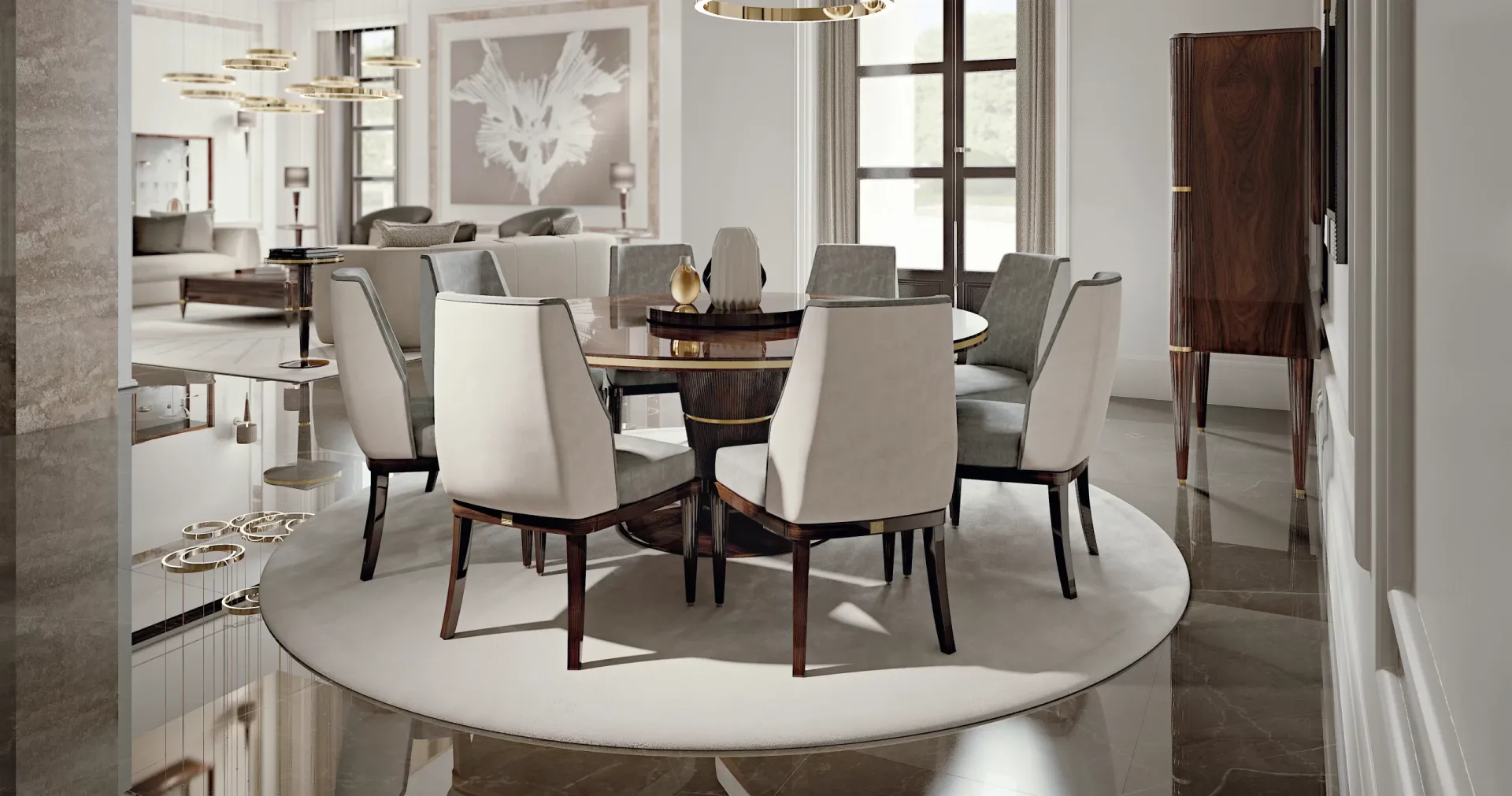 Tavolo rotondo con lazy Susan Ellipse Francesco Pasi in legno con sedie chiare