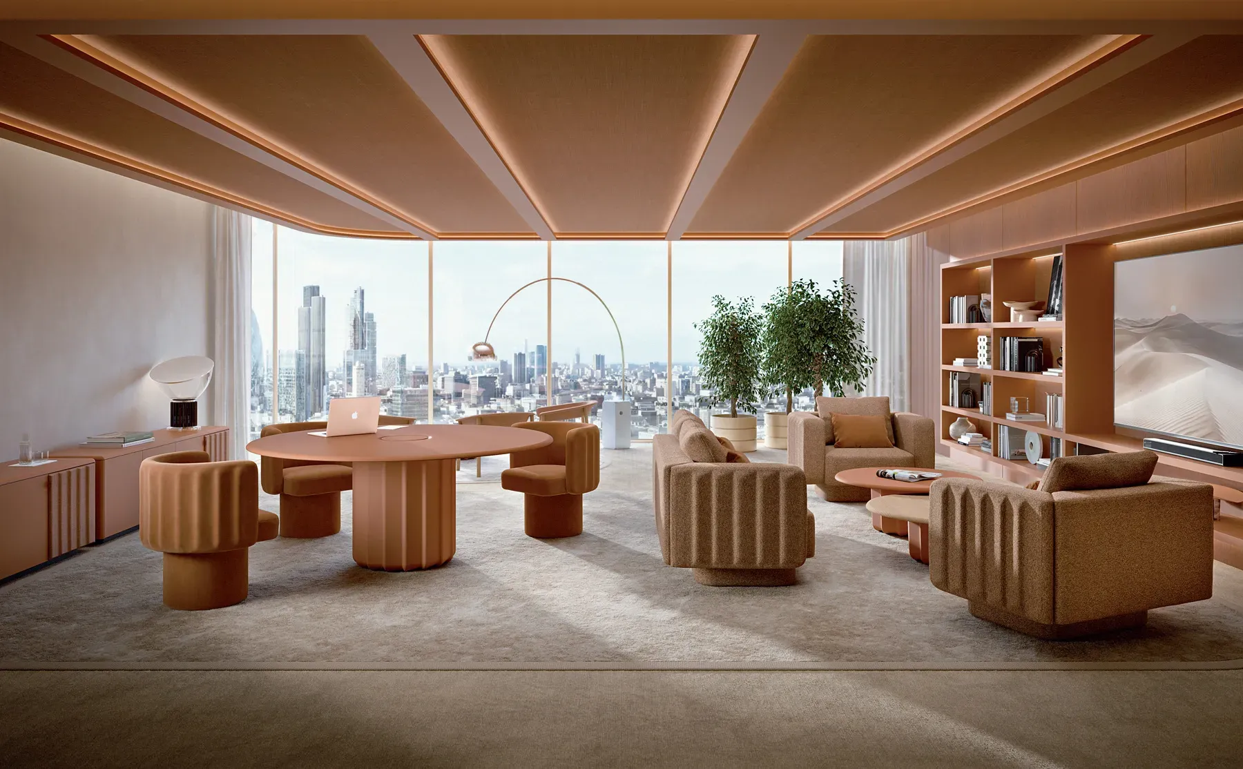 Tavolo rotondo Sabree Frezza con poltroncine in pelle cognac in un ufficio direzionale