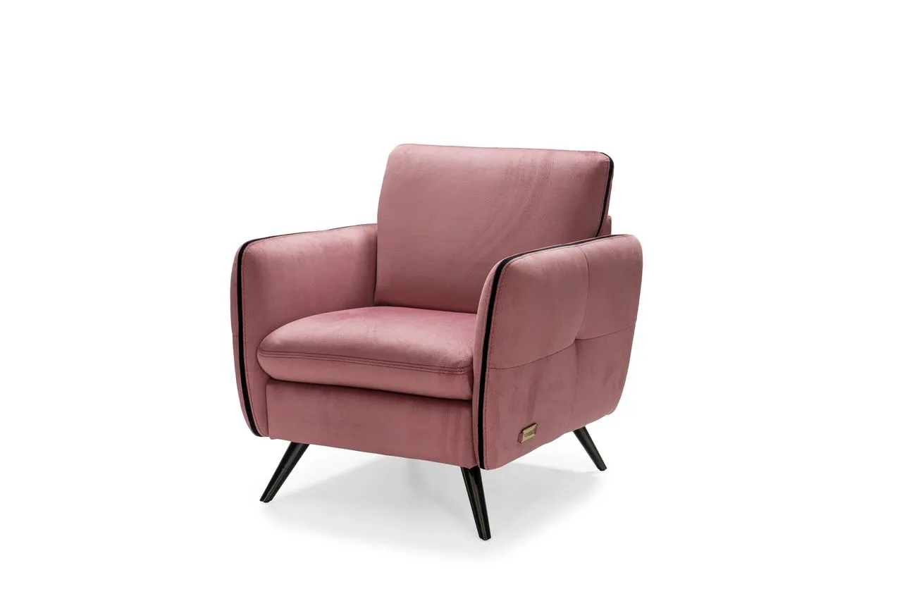 Poltrona Leda Max Sofà rosa con profilo scuro e gambe oblique, vista di tre quarti