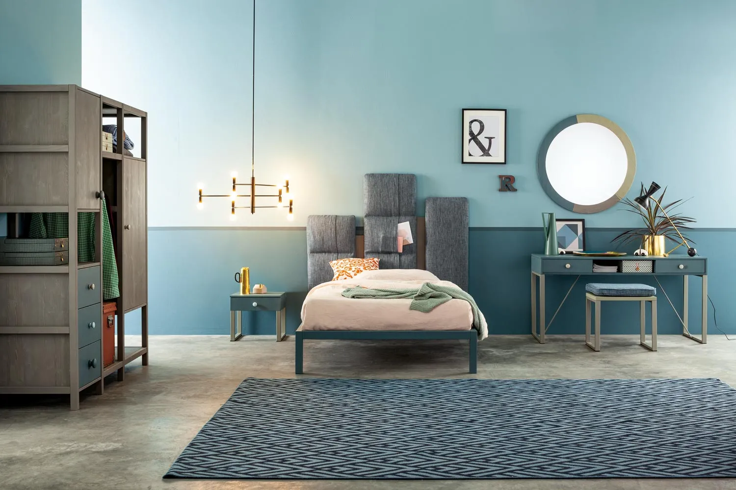 Cameretta Urban Time Indio Callesella con letto singolo grigio, armadio Fly e scrittoio petrolio