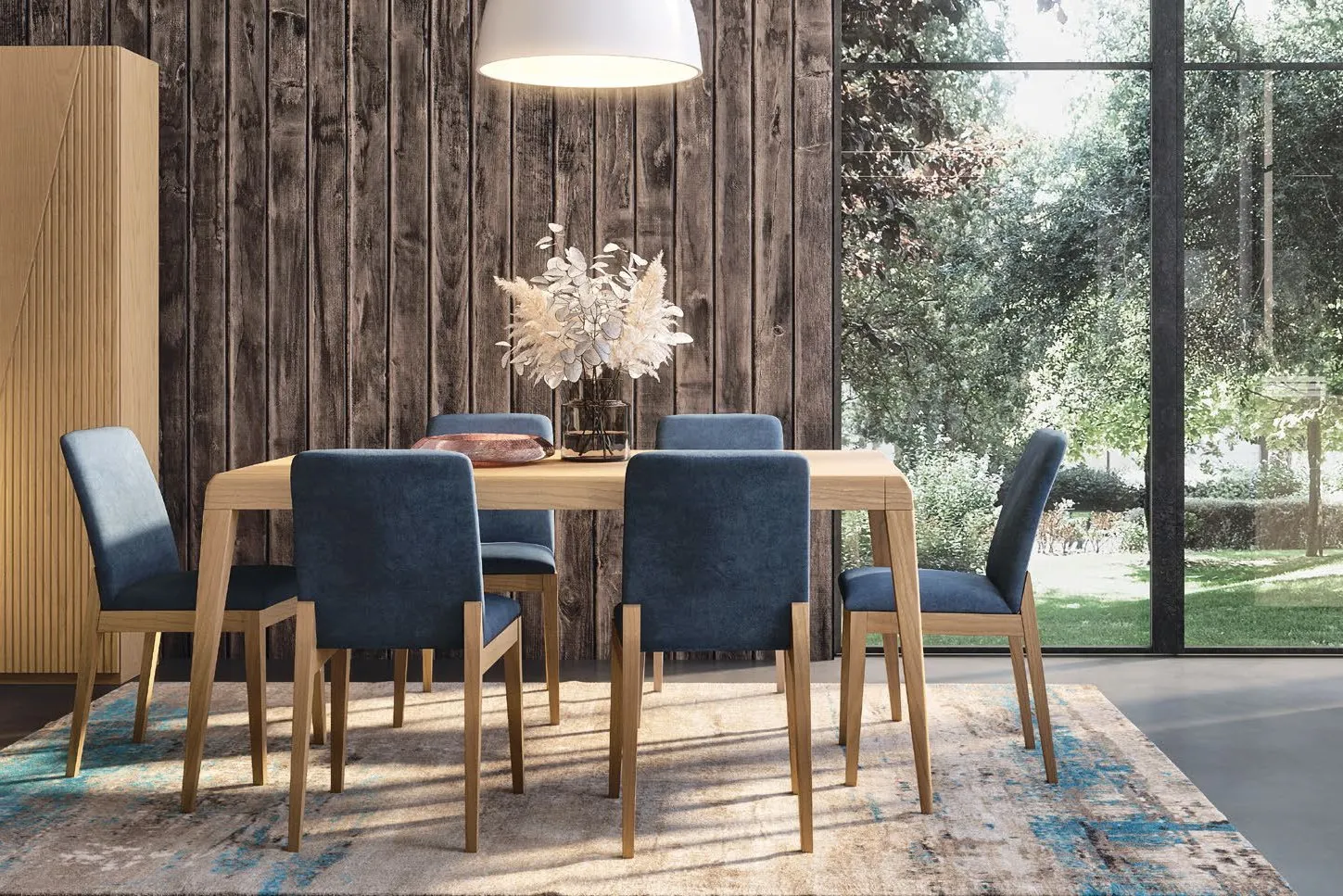 Tavolo Antares Imba in frassino Argilla con sedie blu in una sala da pranzo vetrata