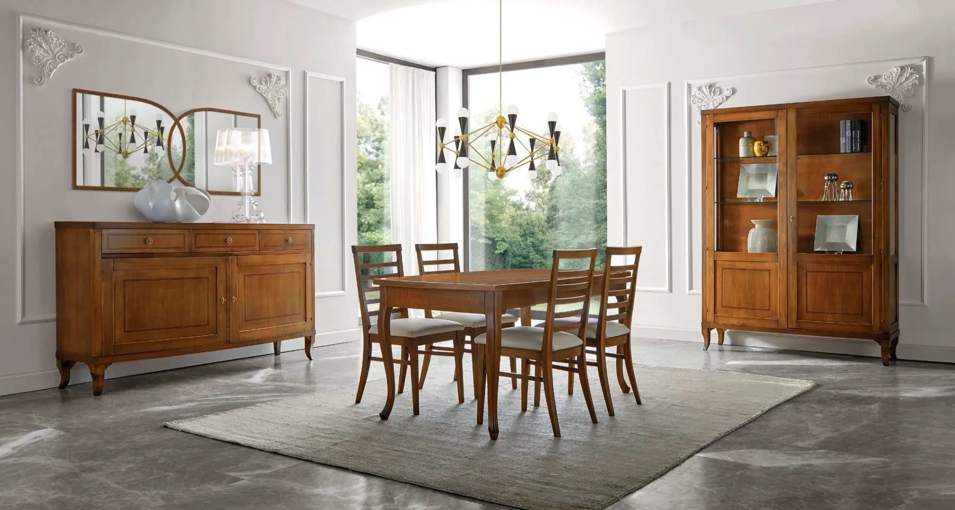 Tavolo allungabile Icon 2.4 Imba in legno con sedie, credenza e vetrina sul fondo
