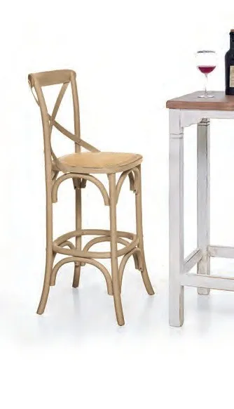 Tavolo alto Marte Imba bianco con piano in legno accanto a uno sgabello in olmo