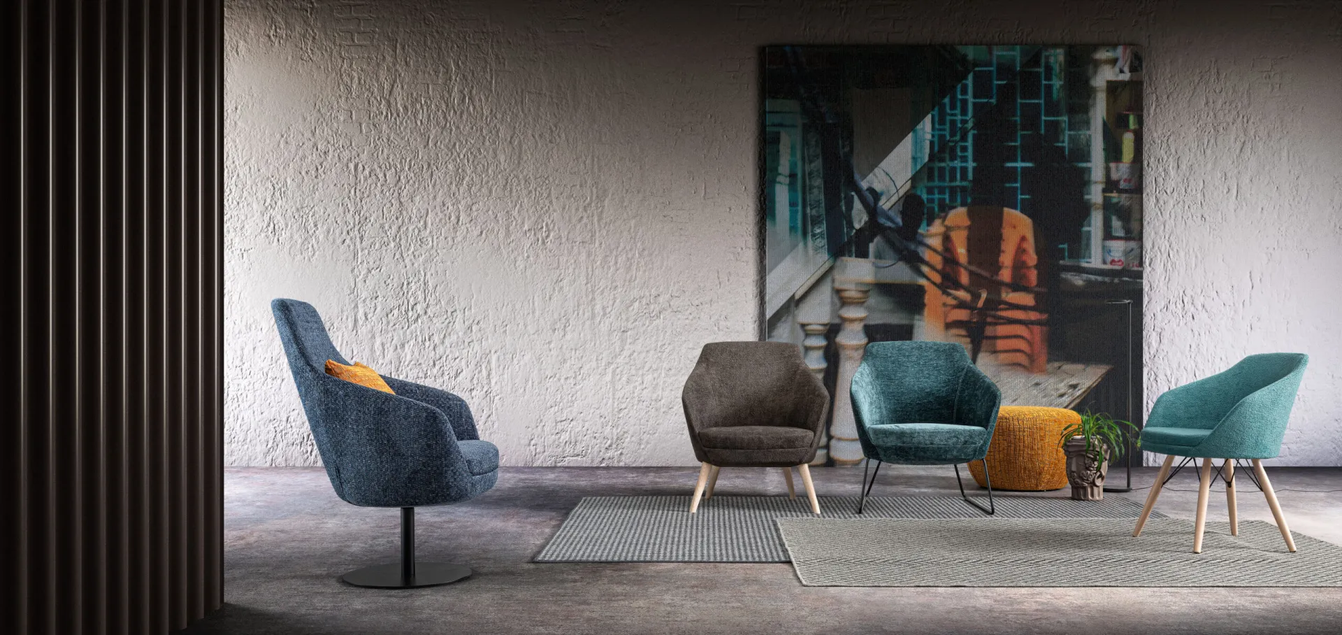 Quattro poltrone Kora Samoa blu, tortora e ottanio con basi a disco, in legno e a slitta