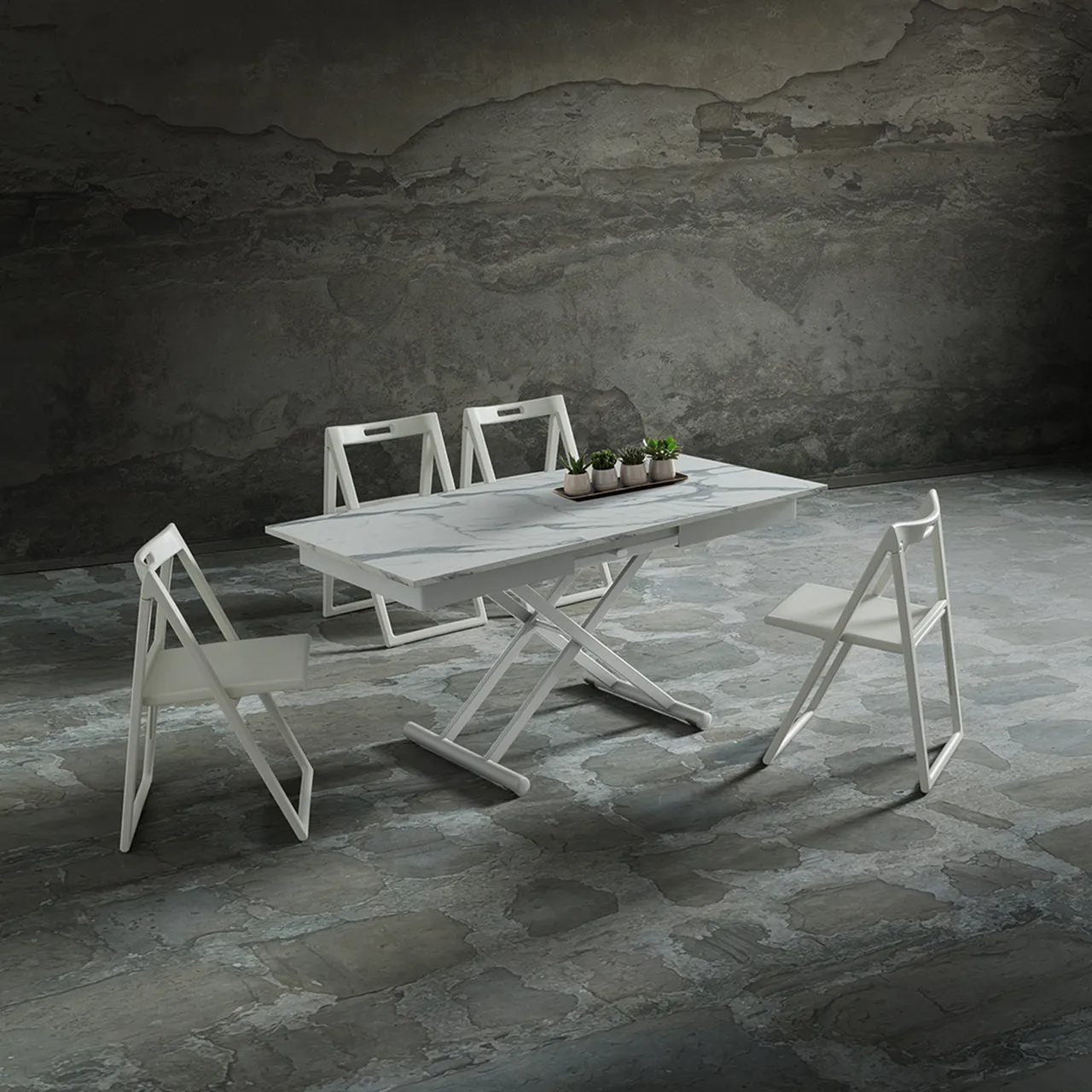 Tavolo Perseo La Primavera bianco con piano marmorizzato e sedie pieghevoli