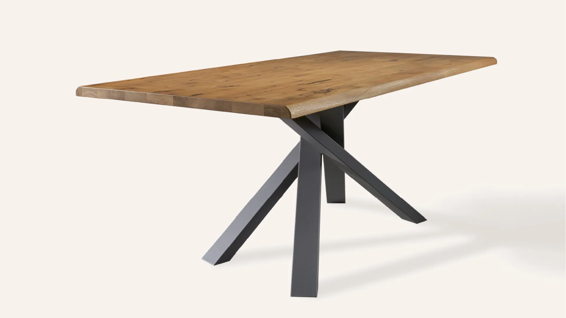 Tavolo Nixon Pizzolato con piano in legno scortecciato e base in metallo grigio