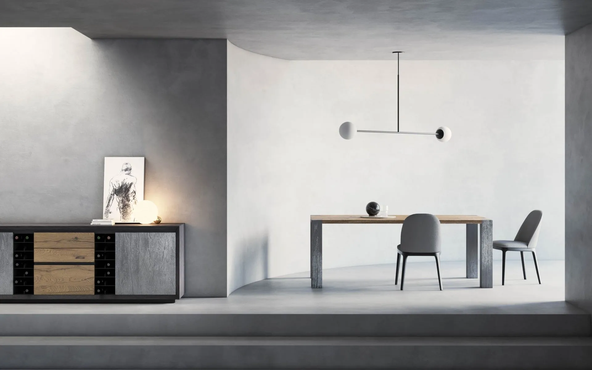Tavolo Holo Wood Pizzolato in rovere con gambe rivestite di metallo, in un living grigio