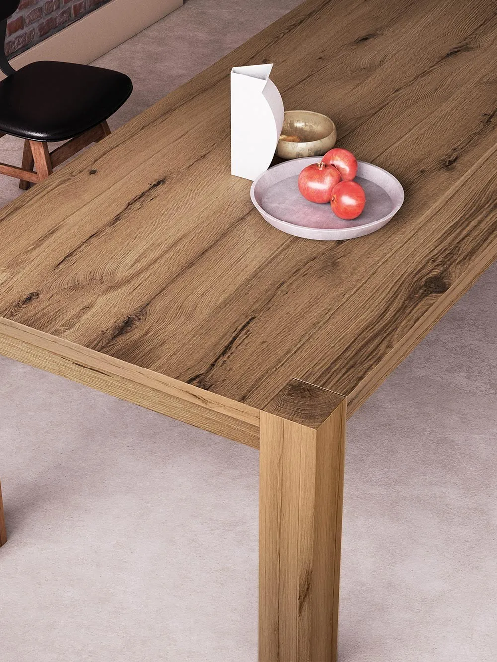 Angolo del tavolo Solid Pizzolato con fruttiera e piano in rovere spaccato