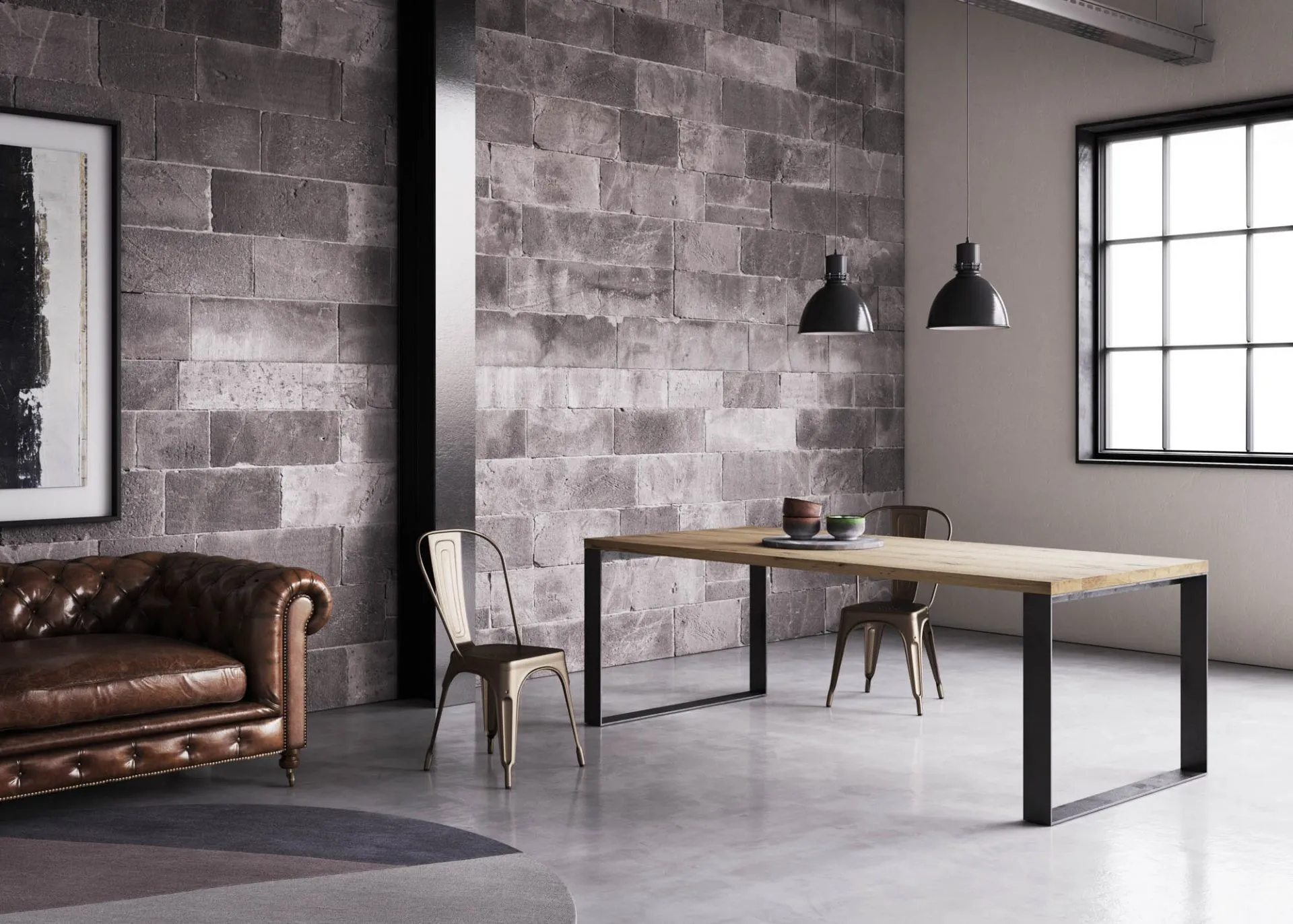 Tavolo Squared-T Pizzolato in rovere spaccato con gambe a telaio in un loft