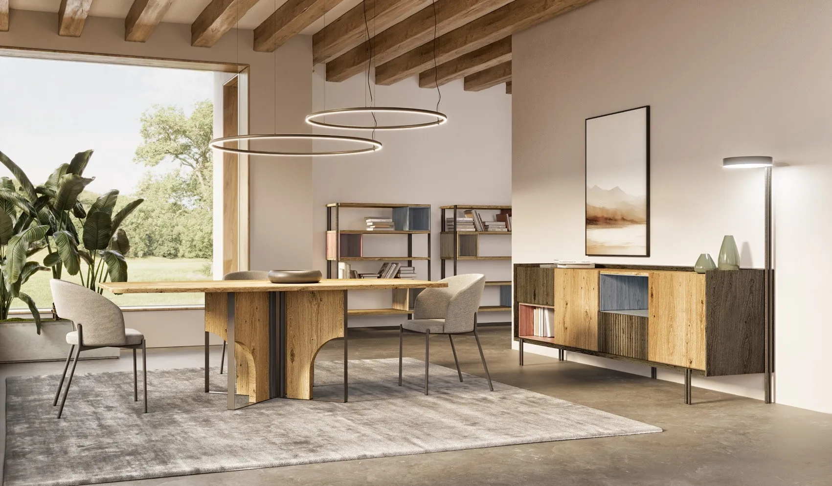 Tavolo Nexus-X Pizzolato in rovere con madia M25 e libreria Kubika in un living