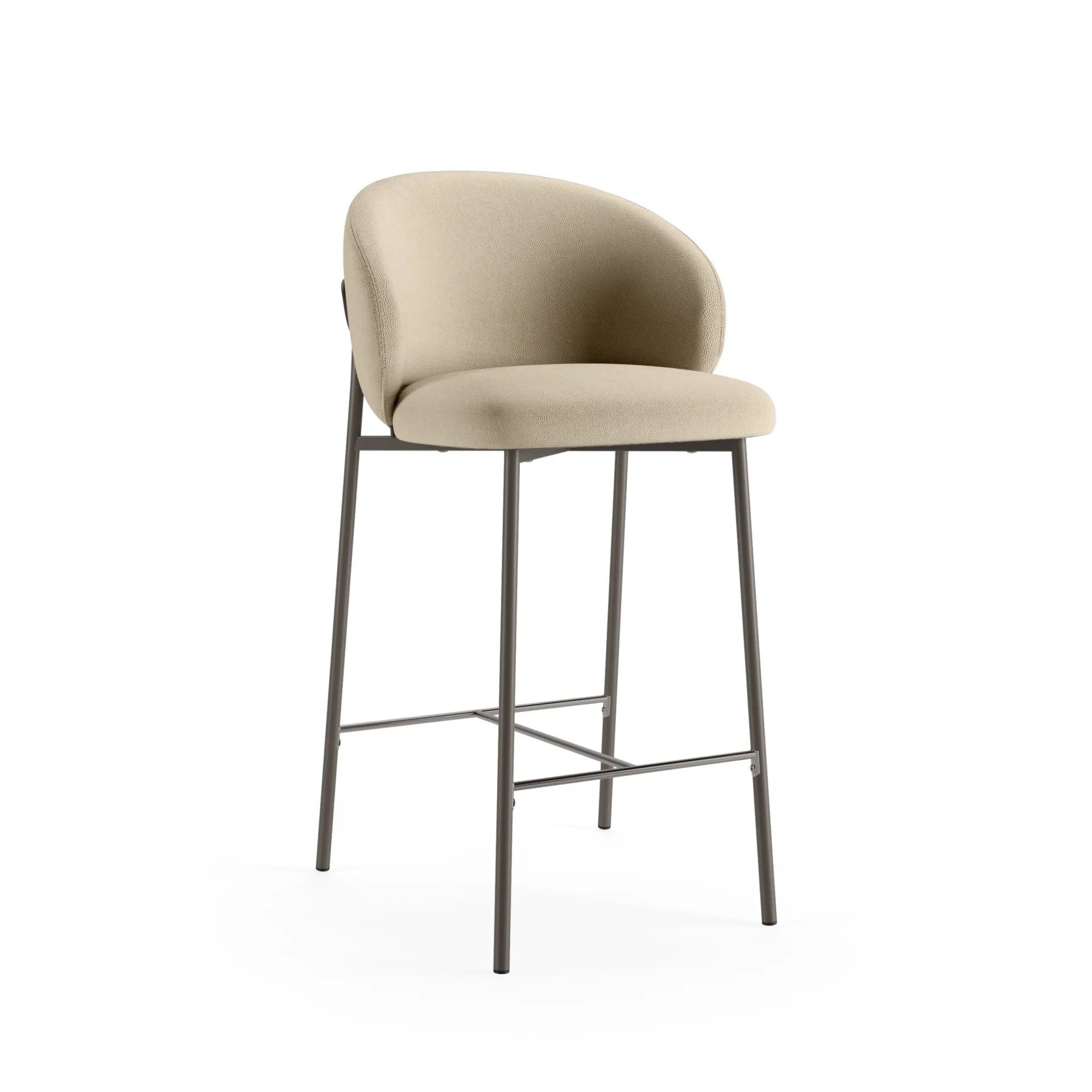 Sgabello Calla Scavolini in tessuto sabbia con gambe scure, vista di tre quarti su fondo bianco
