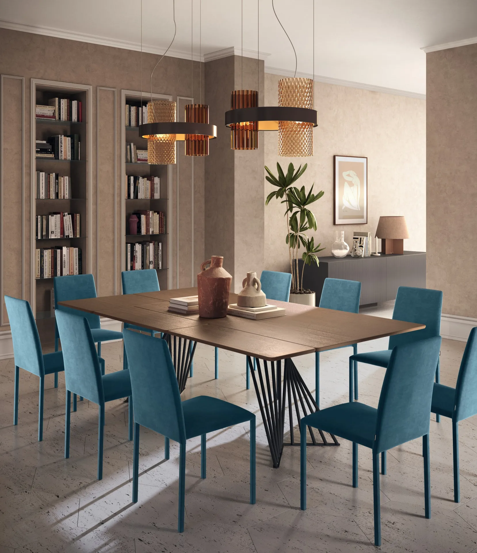 Sedie Dama Scavolini blu petrolio intorno a un tavolo in legno con base a fili metallici