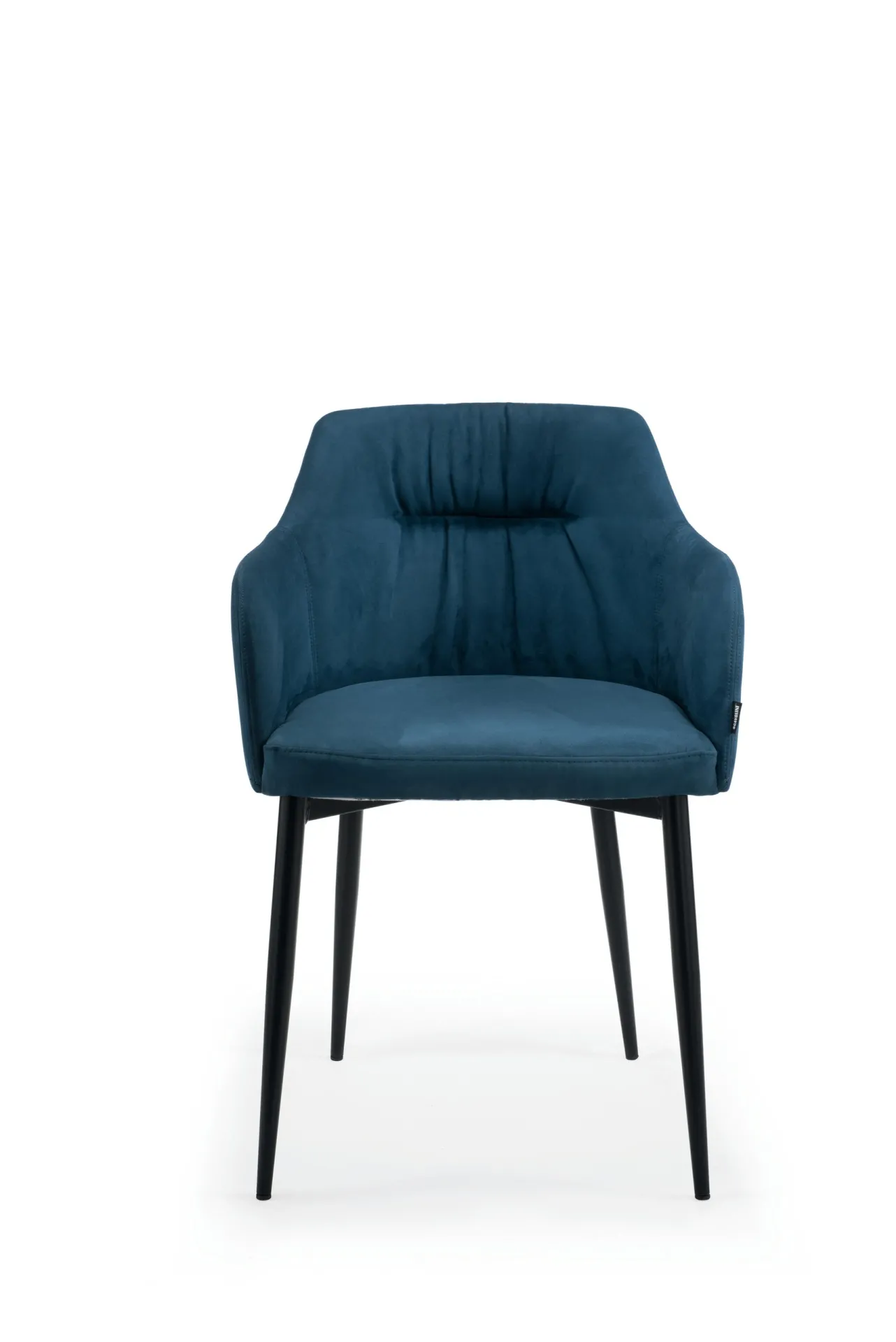Sedia Deco Scavolini blu vista di fronte, con le pieghe cucite sullo schienale