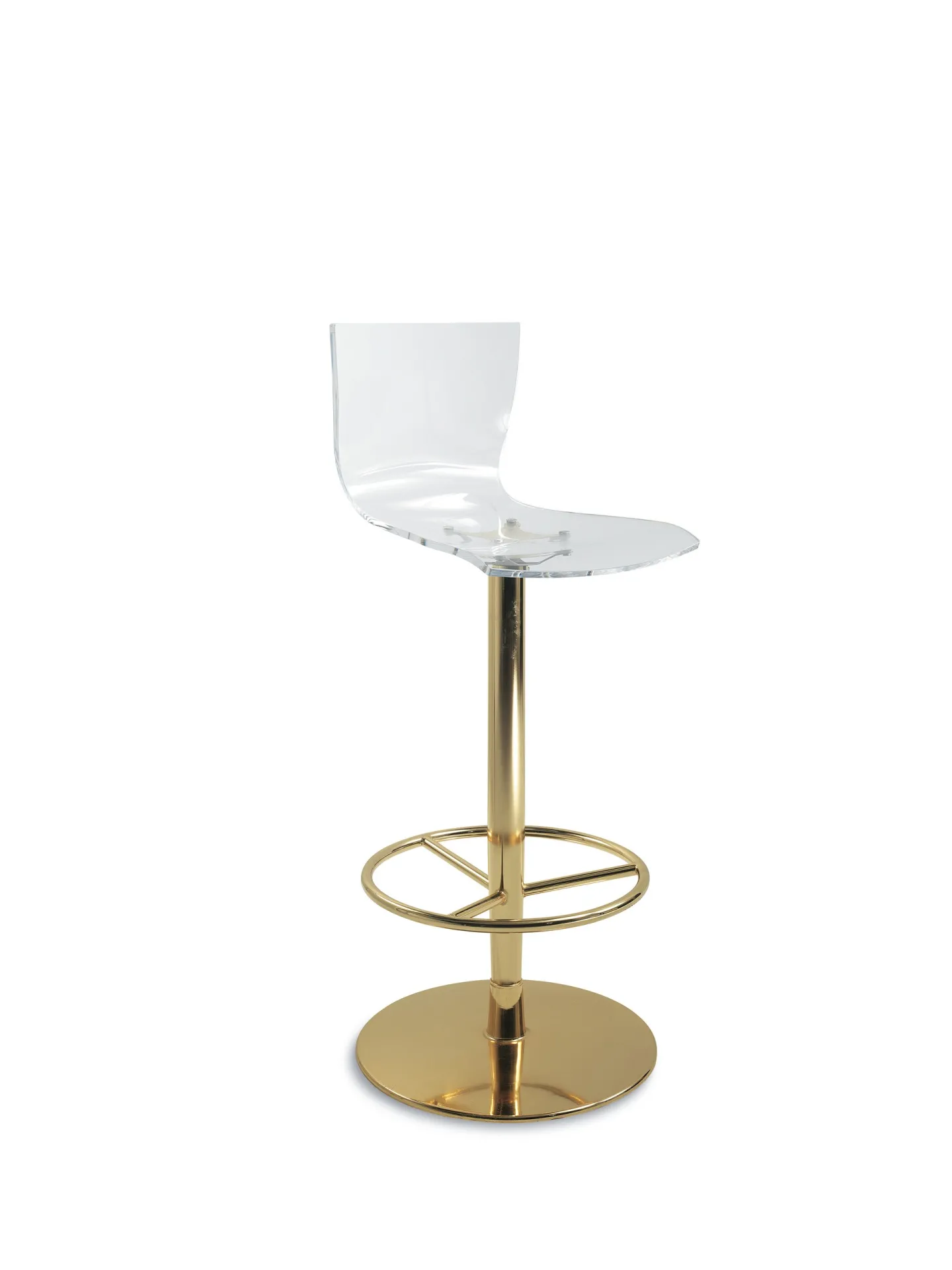 Sgabello Deluxe Scavolini con scocca trasparente e base in ottone su fondo bianco