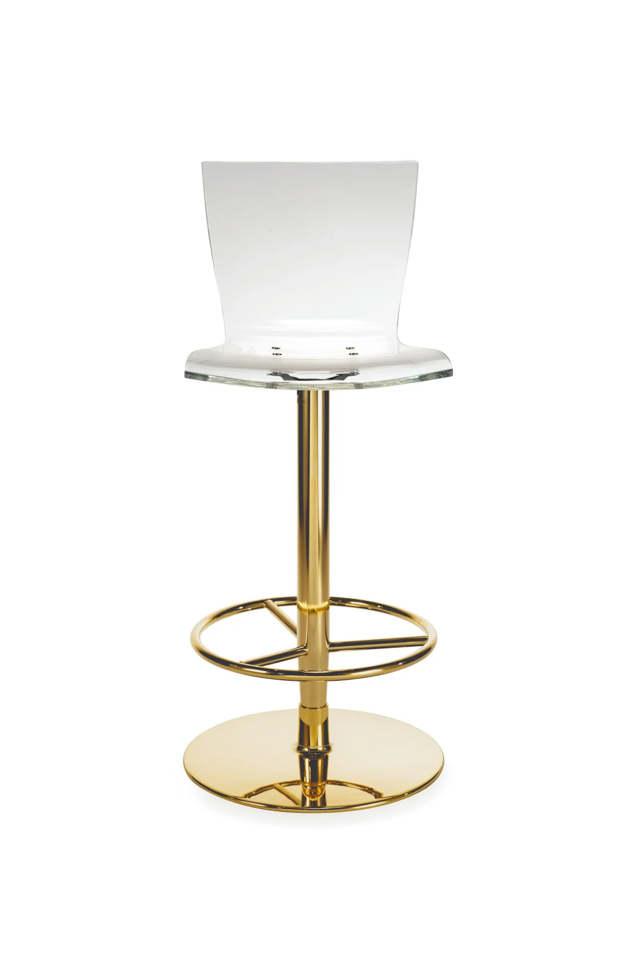 Sgabello Deluxe Scavolini ottonato visto di fronte con anello poggiapiedi