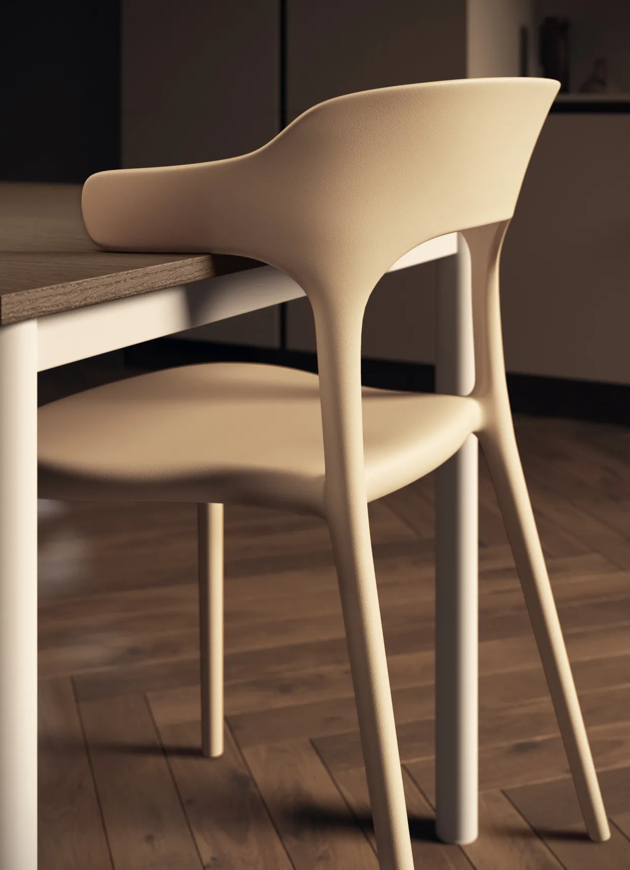 Dettaglio dello schienale a barra curva della sedia Hang Scavolini beige