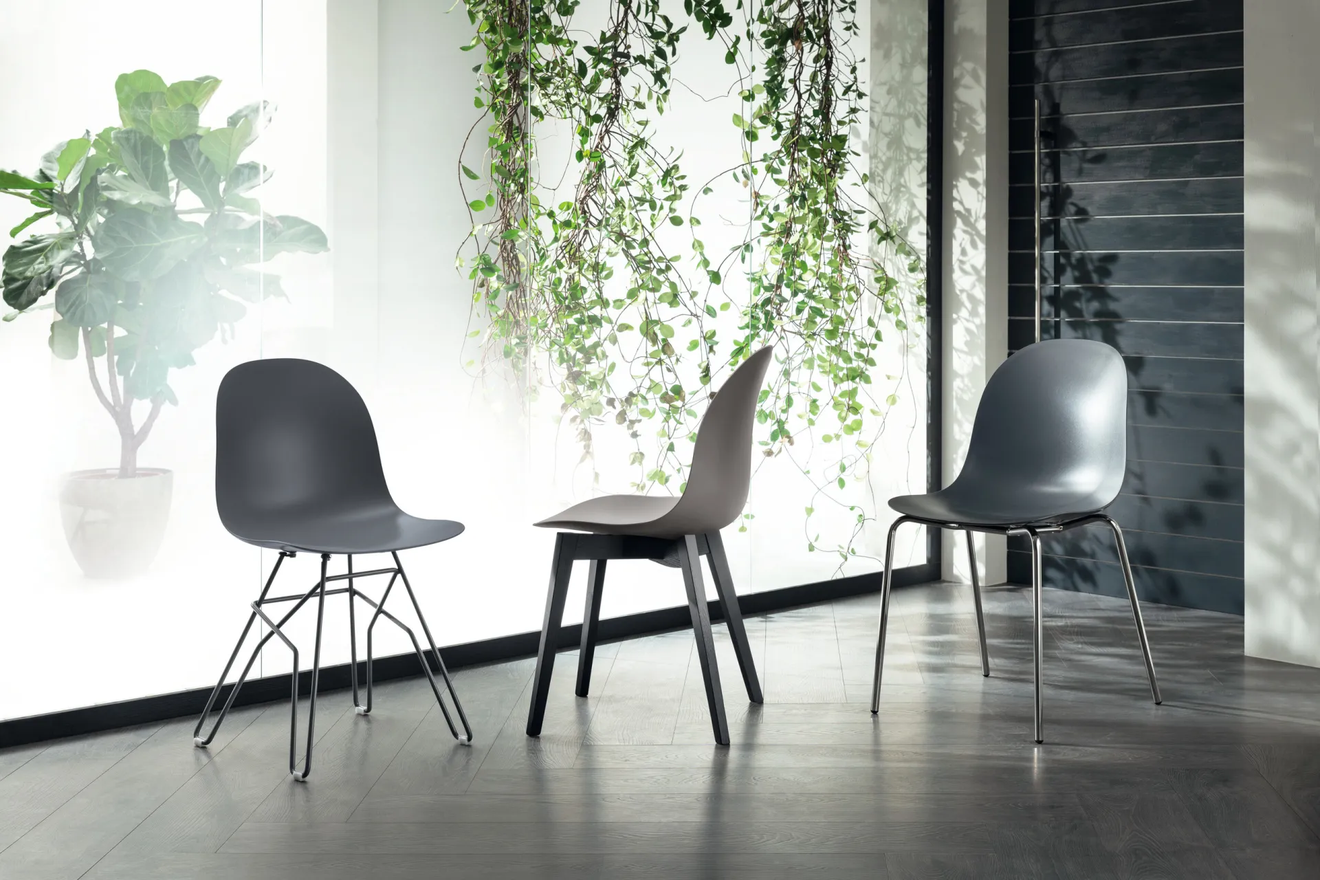 Tre sedie Hero Scavolini, al centro quella con gambe inclinate in legno scuro e scocca tortora