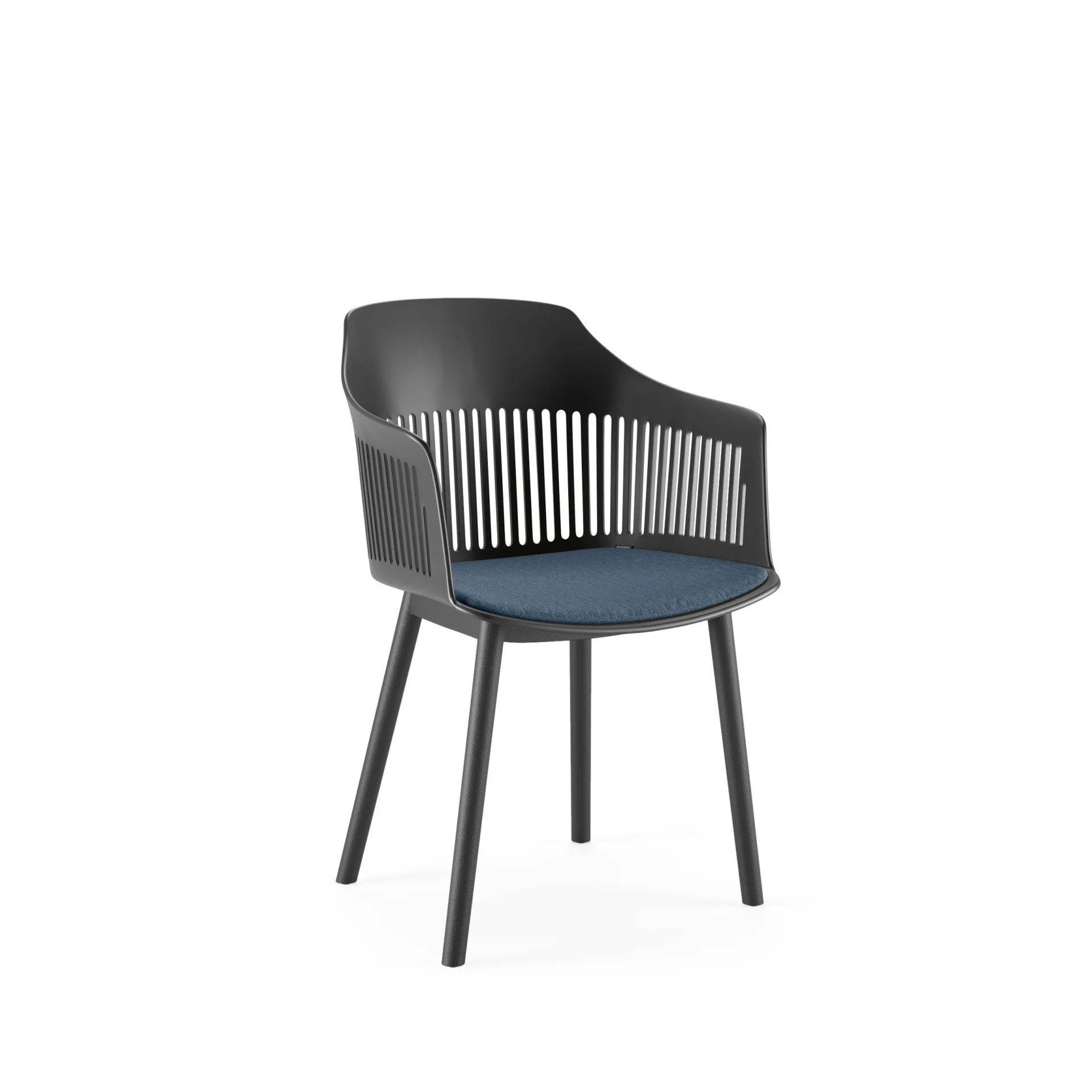 Sedia Laila con braccioli Scavolini nera con cuscino blu su fondo bianco