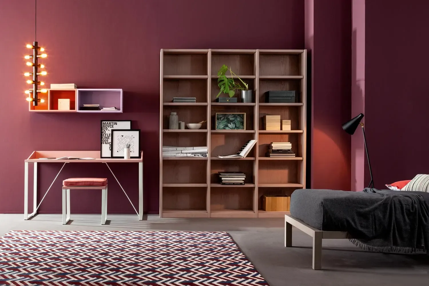 Letto singolo, scrivania Uranio e libreria in legno a giorno, cameretta Urban Time Selenio Callesella