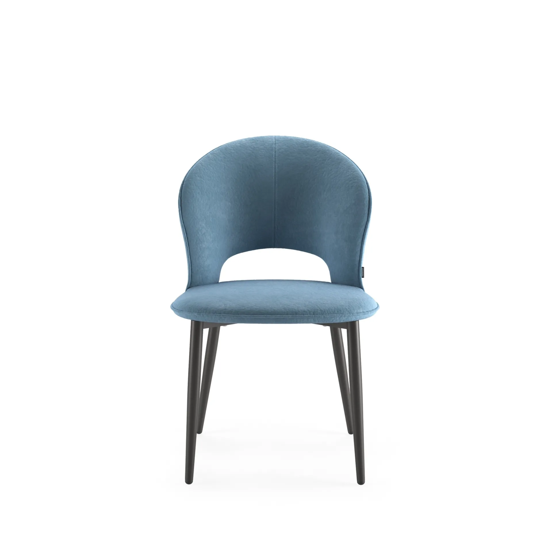 Sedia Love Scavolini azzurra vista di fronte con apertura tra seduta e schienale