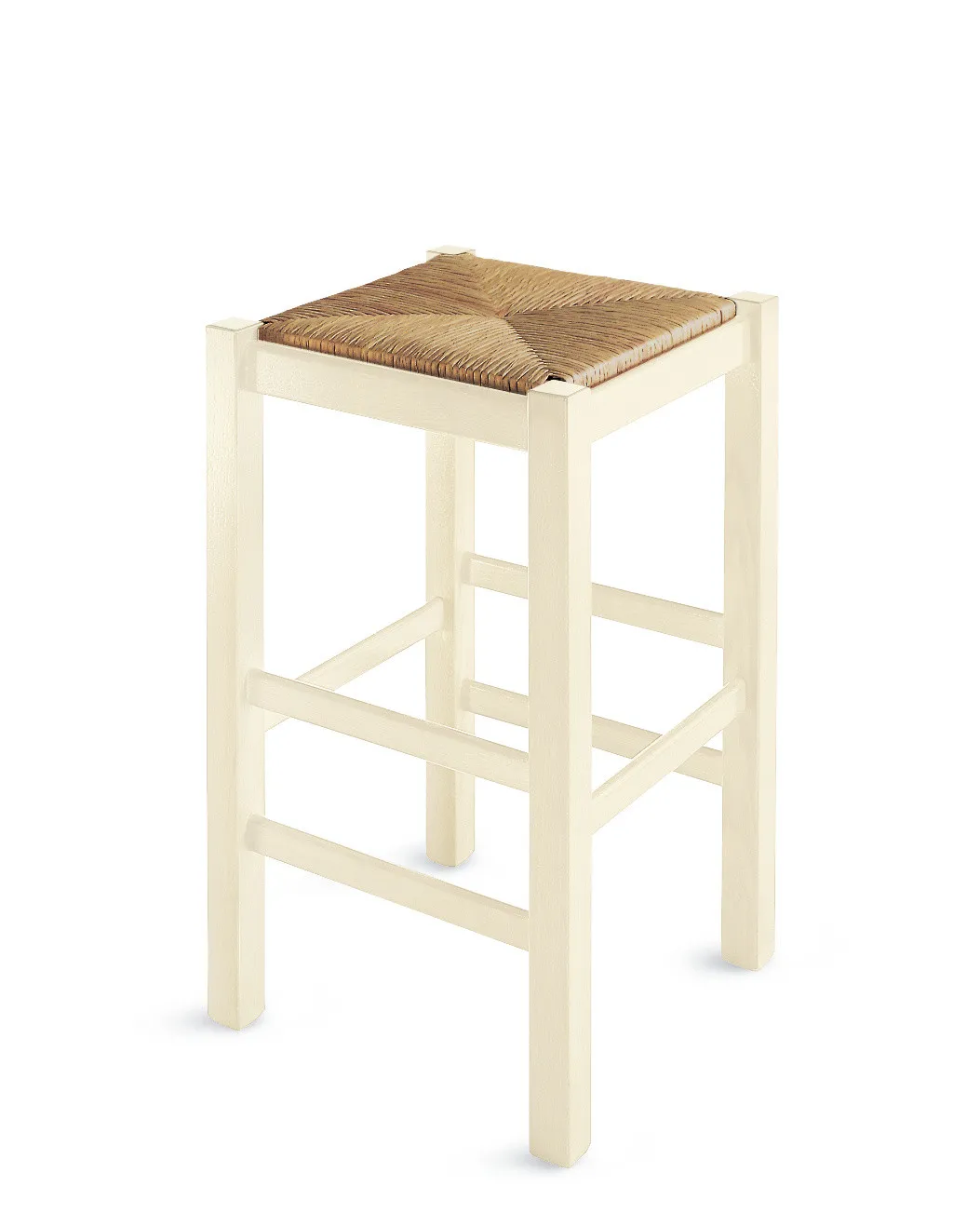 Sgabello Margot Scavolini bianco con seduta in paglia su fondo bianco