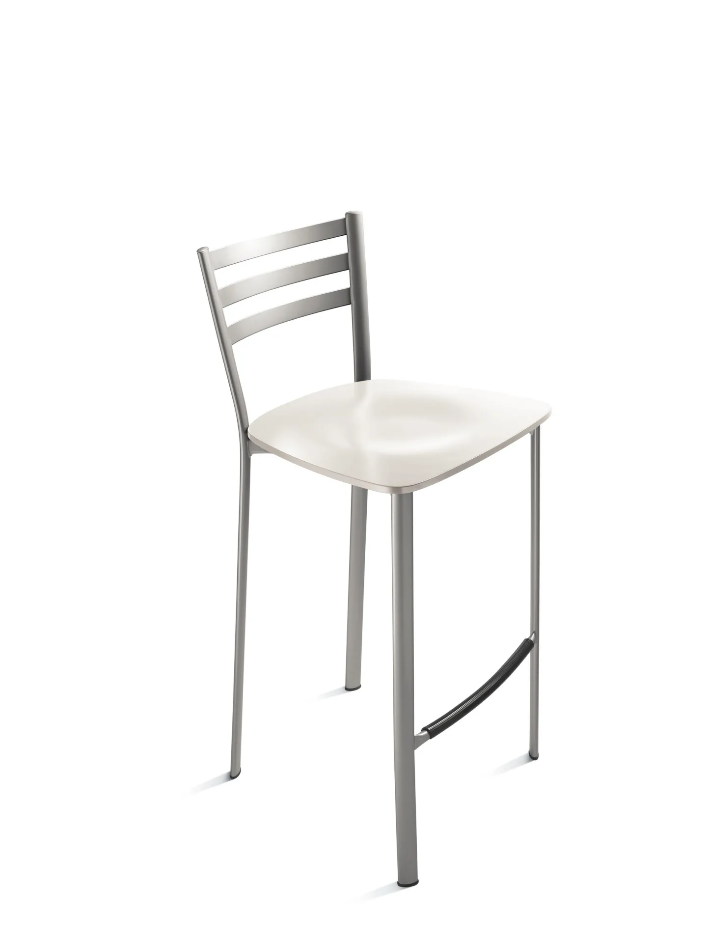 Sgabello Speedy Scavolini argento con seduta bianca su fondo bianco