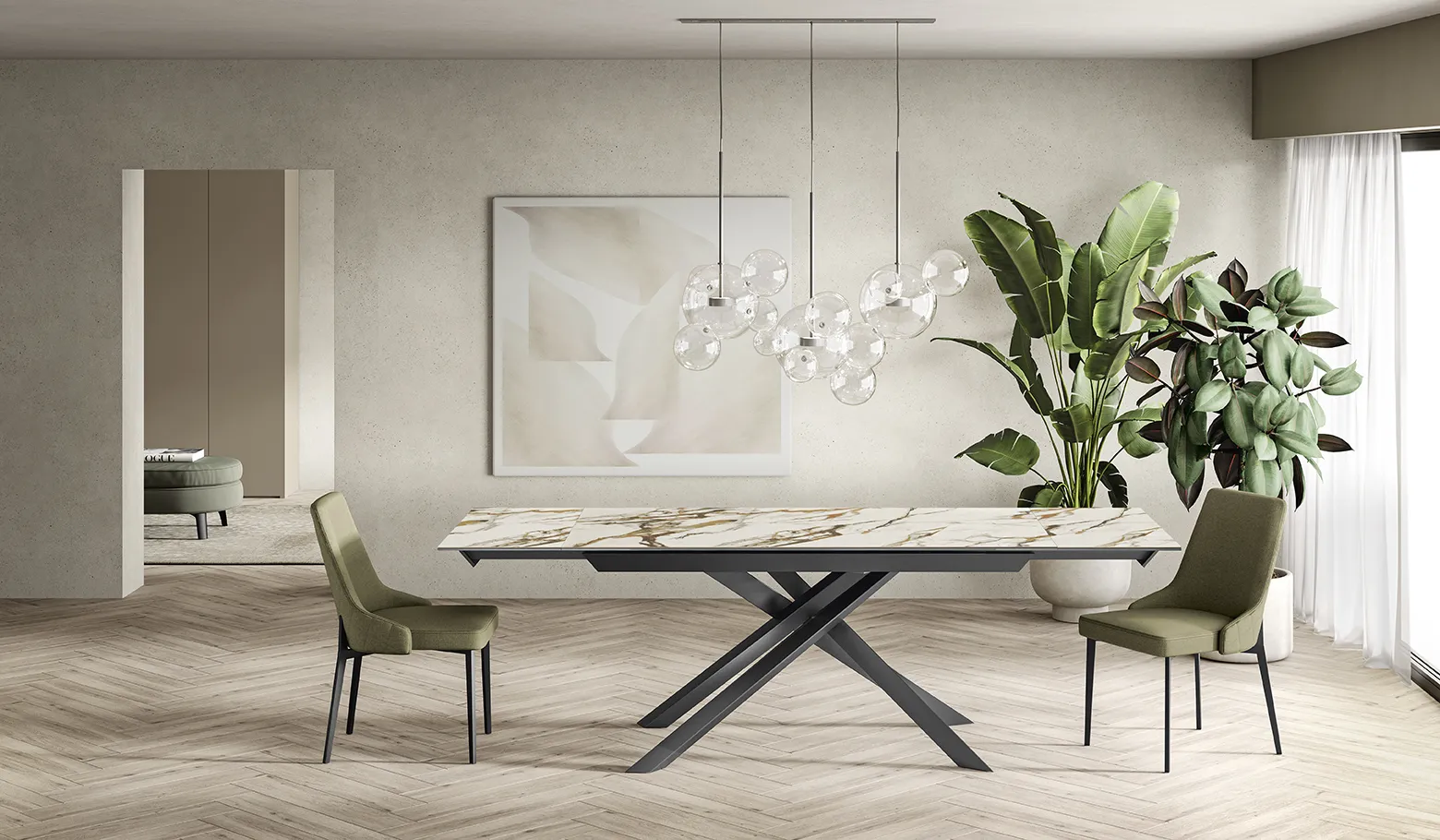 Tavolo allungabile Cross Stones Calacatta Borghini in una sala da pranzo con piante