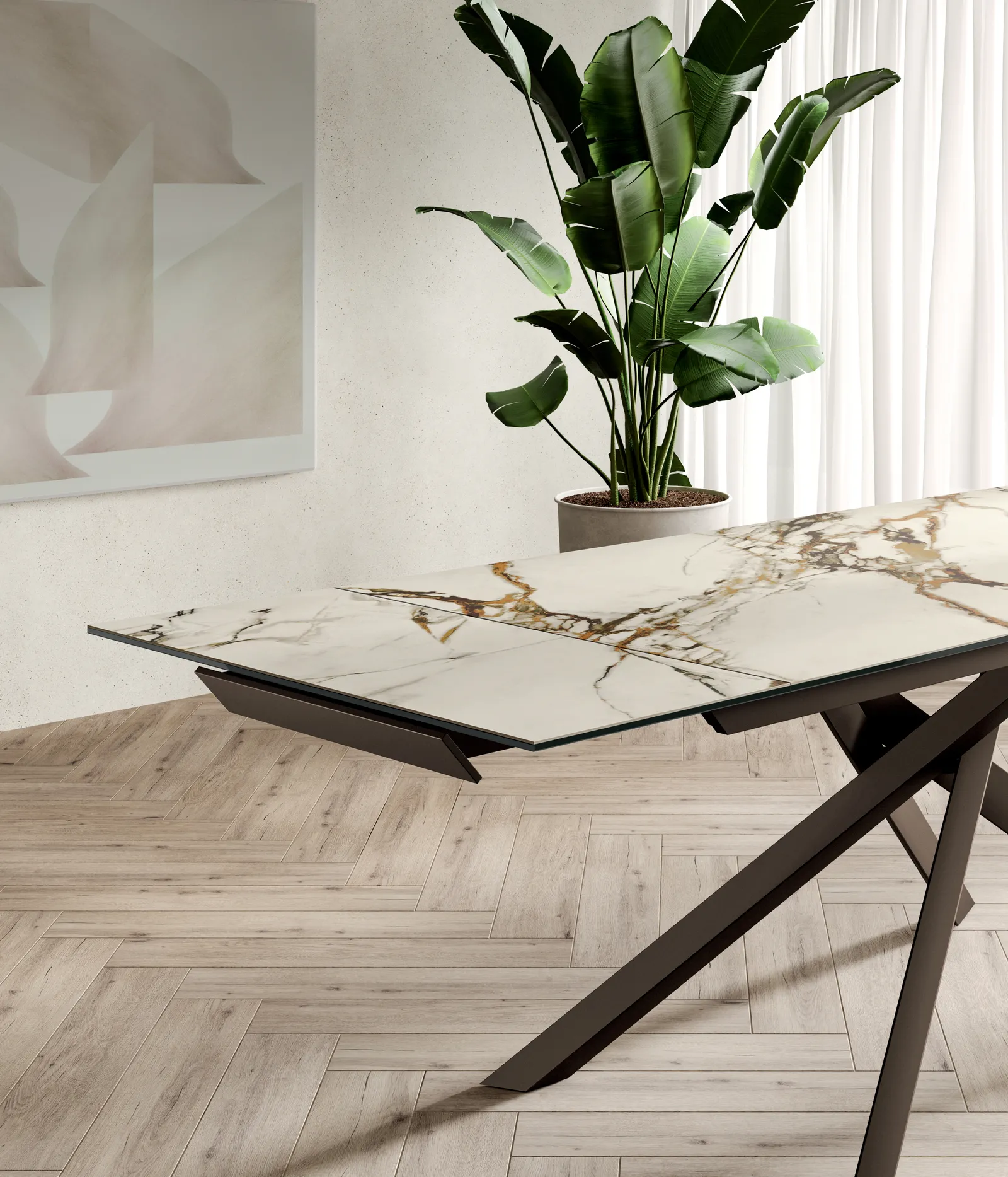 Gambe incrociate bronzo del tavolo Cross Stones sotto il piano in ceramica