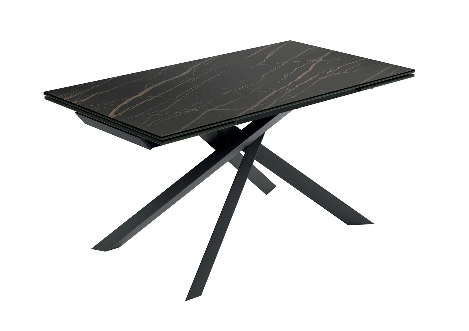 Tavolo Cross Stones con piano Portoro e gambe nere su fondo bianco